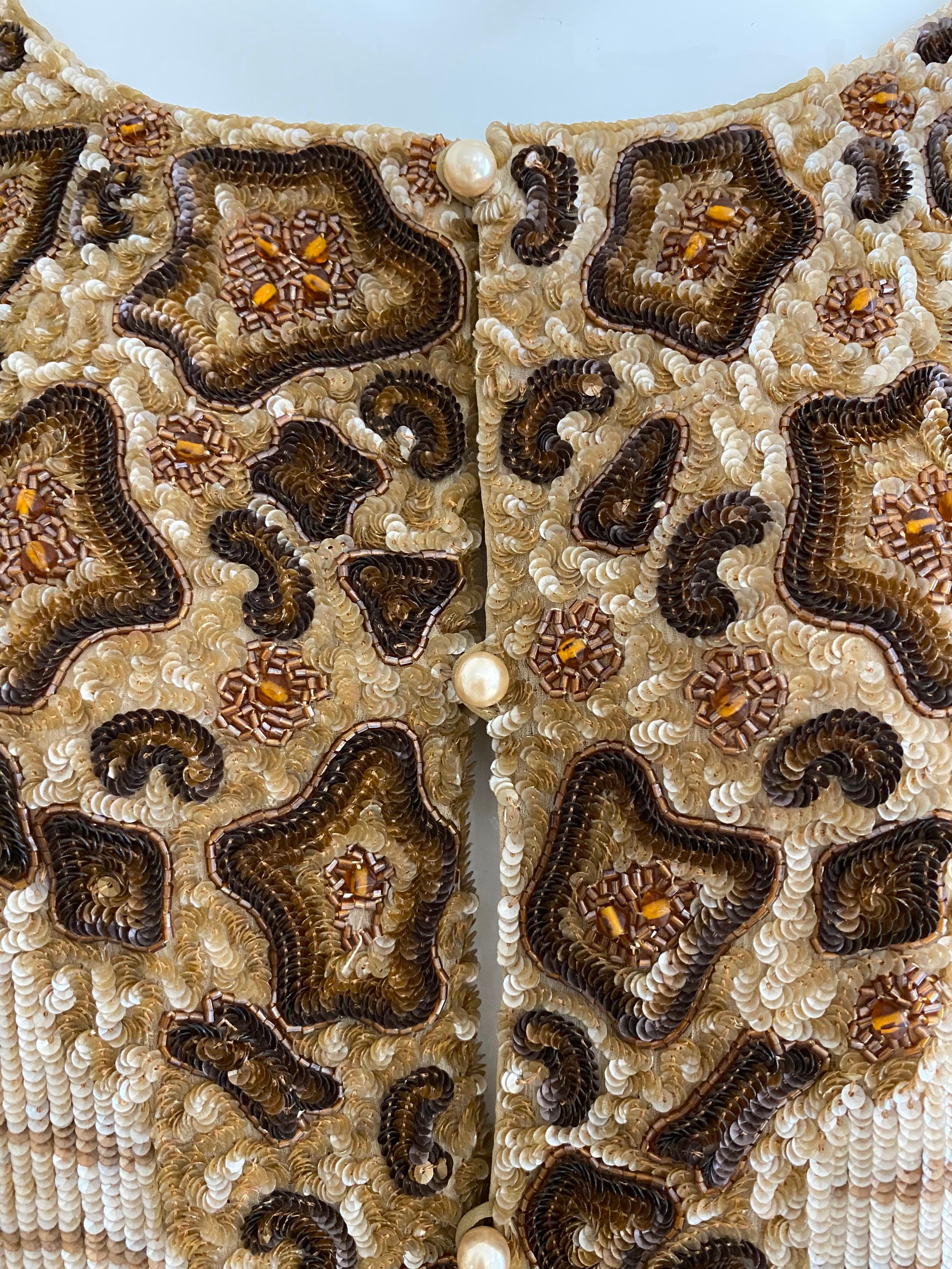 1990s BILL BLASS Brown Beaded Long Sleeves Cocktail Dress For Sale 2