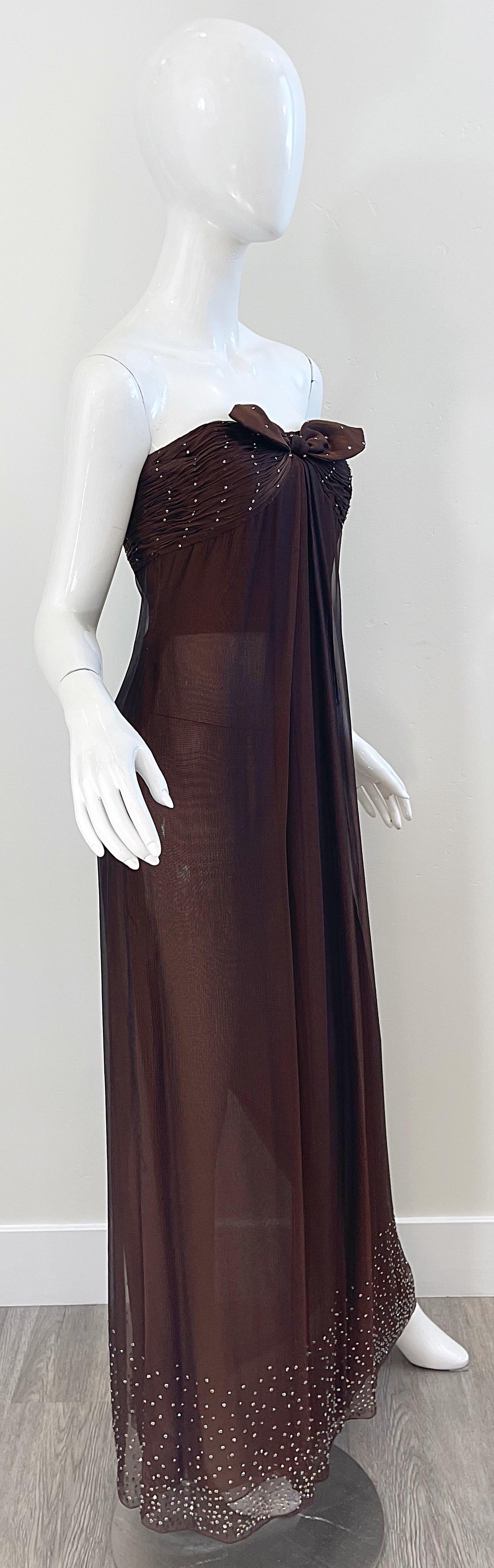 1970s Bill Blass Chocolate Brown Silk Chiffon Rhinestone Strapless Gown + Shawl For Sale 2