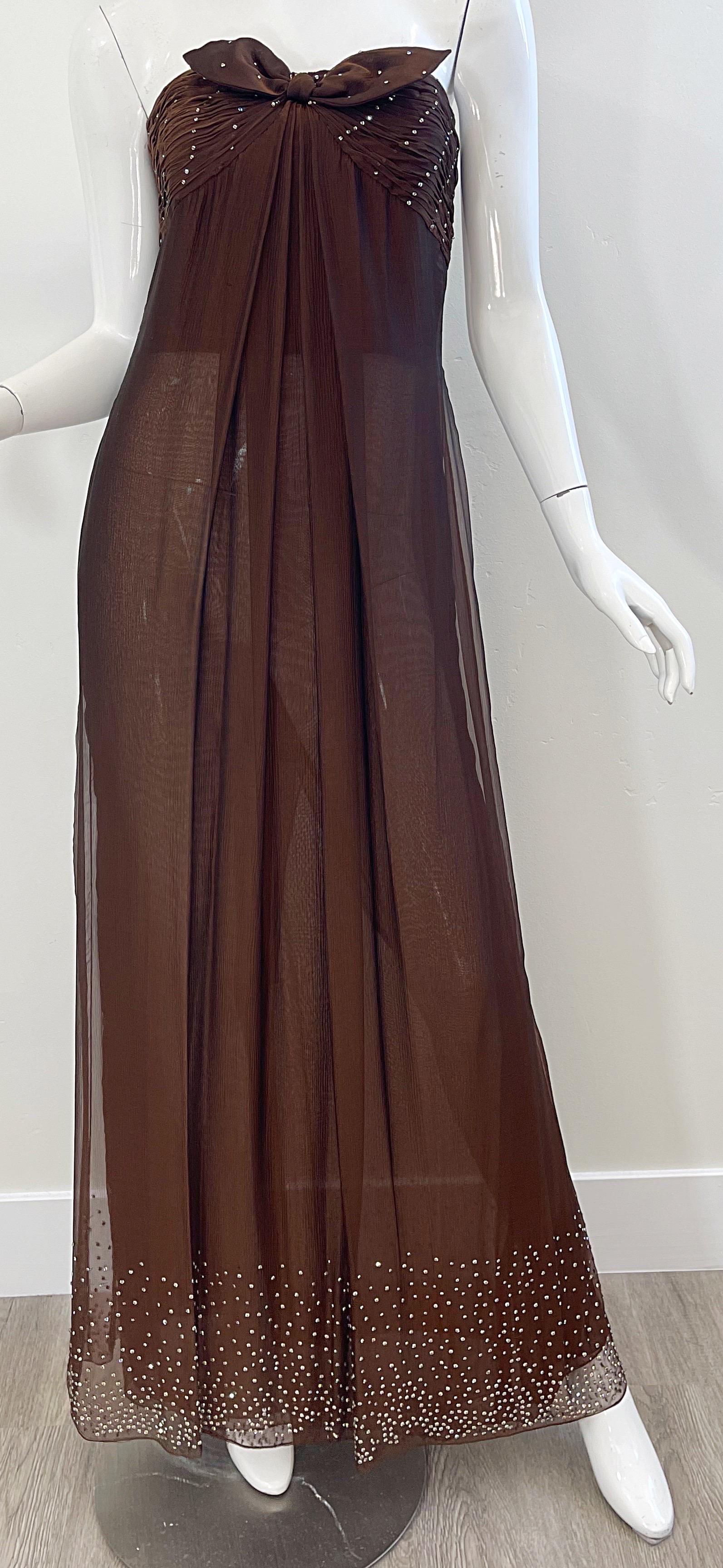 1970s Bill Blass Chocolate Brown Silk Chiffon Rhinestone Strapless Gown + Shawl For Sale 3