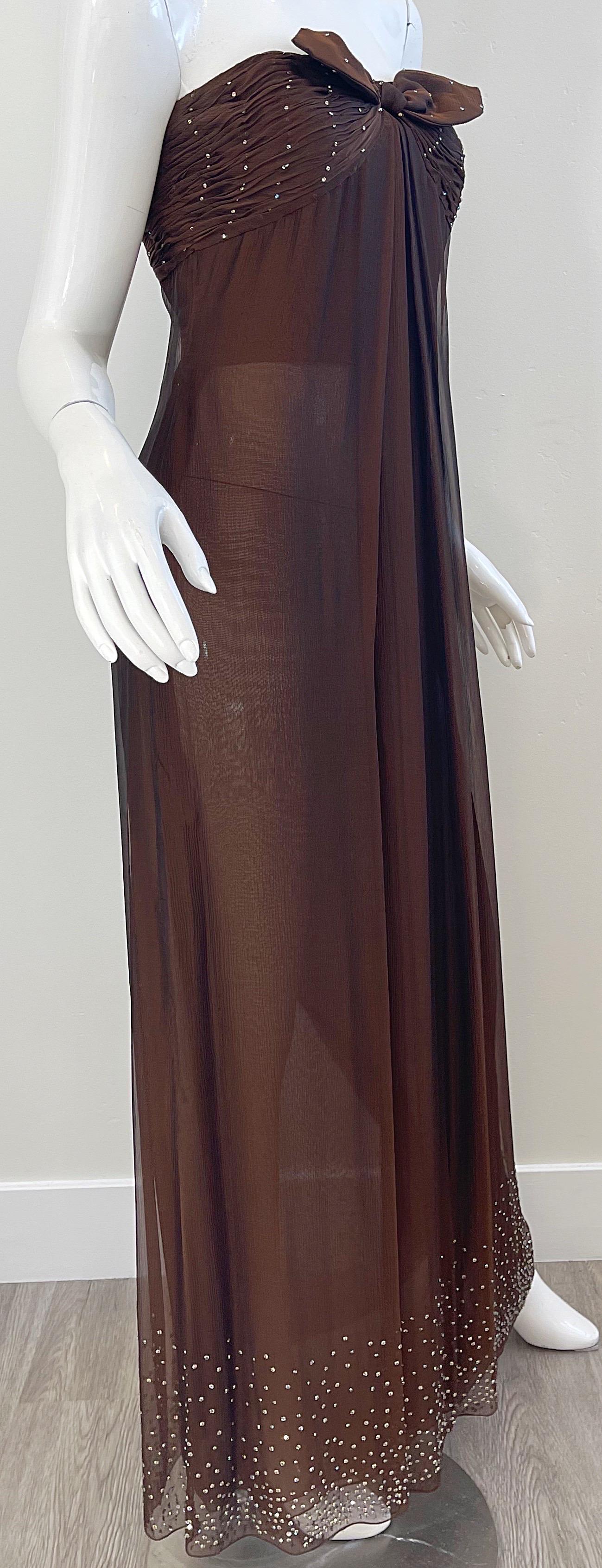 1970s Bill Blass Chocolate Brown Silk Chiffon Rhinestone Strapless Gown + Shawl For Sale 4