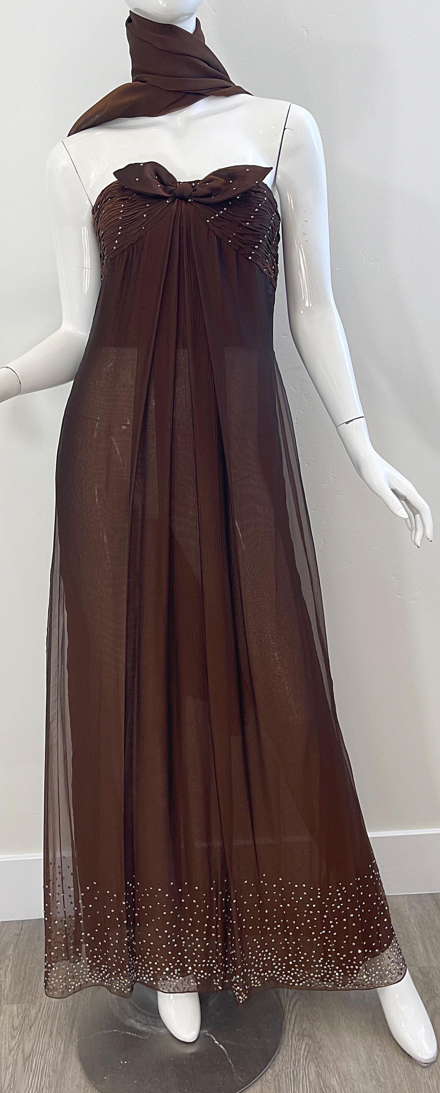 1970s Bill Blass Chocolate Brown Silk Chiffon Rhinestone Strapless Gown + Shawl For Sale 5