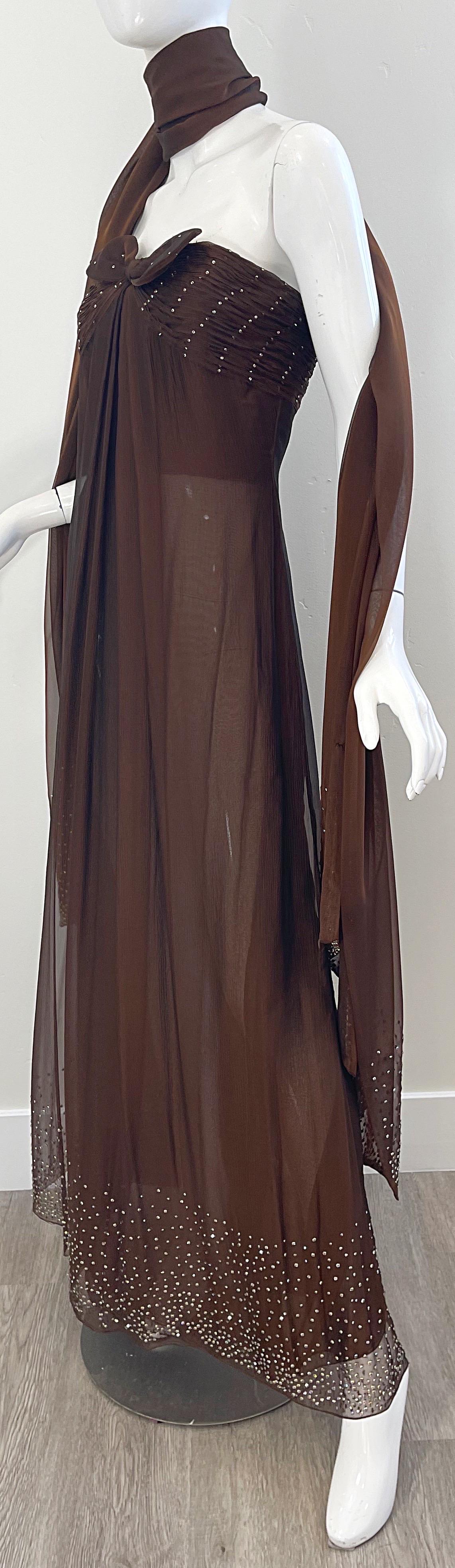 1970s Bill Blass Chocolate Brown Silk Chiffon Rhinestone Strapless Gown + Shawl For Sale 6