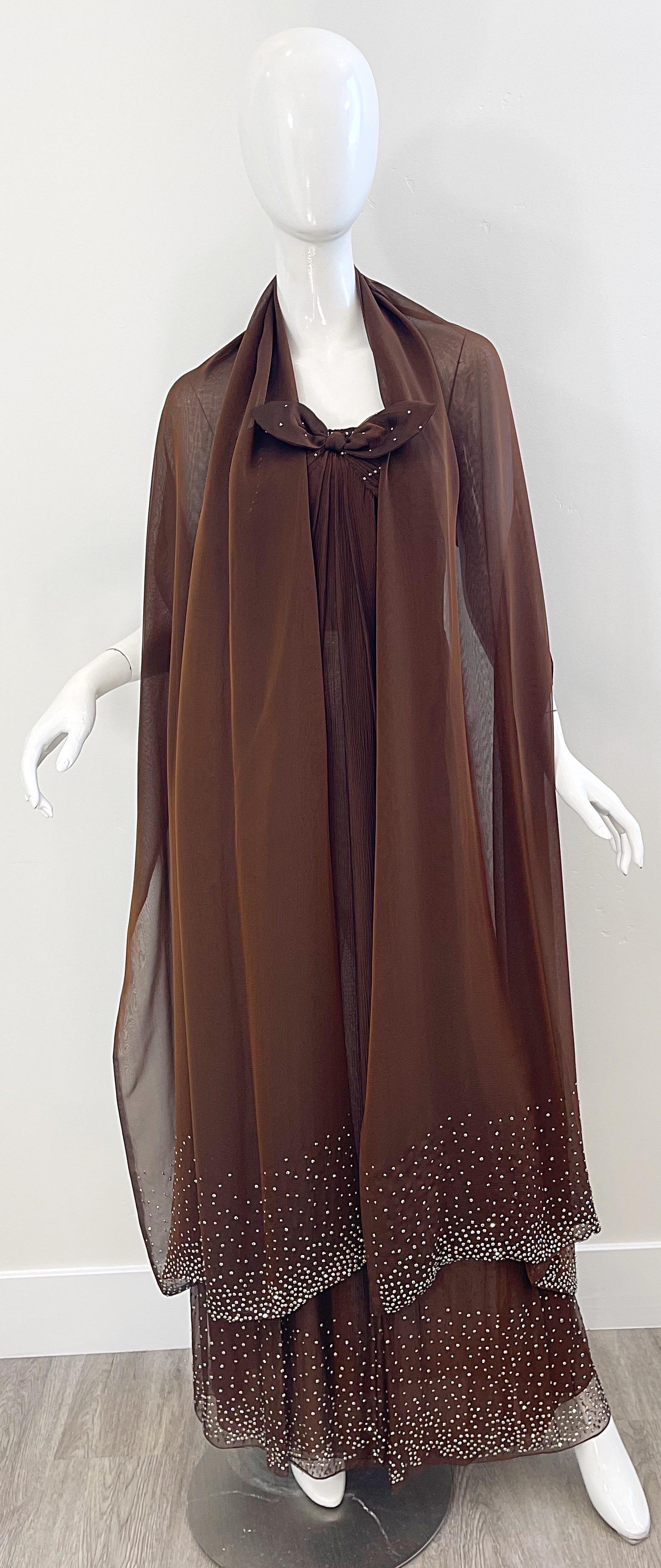 1970s Bill Blass Chocolate Brown Silk Chiffon Rhinestone Strapless Gown + Shawl For Sale 8