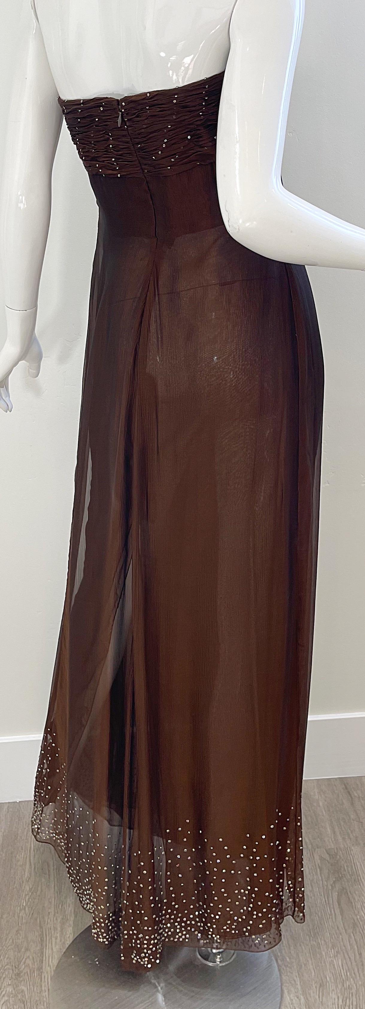 1970s Bill Blass Chocolate Brown Silk Chiffon Rhinestone Strapless Gown + Shawl For Sale 9