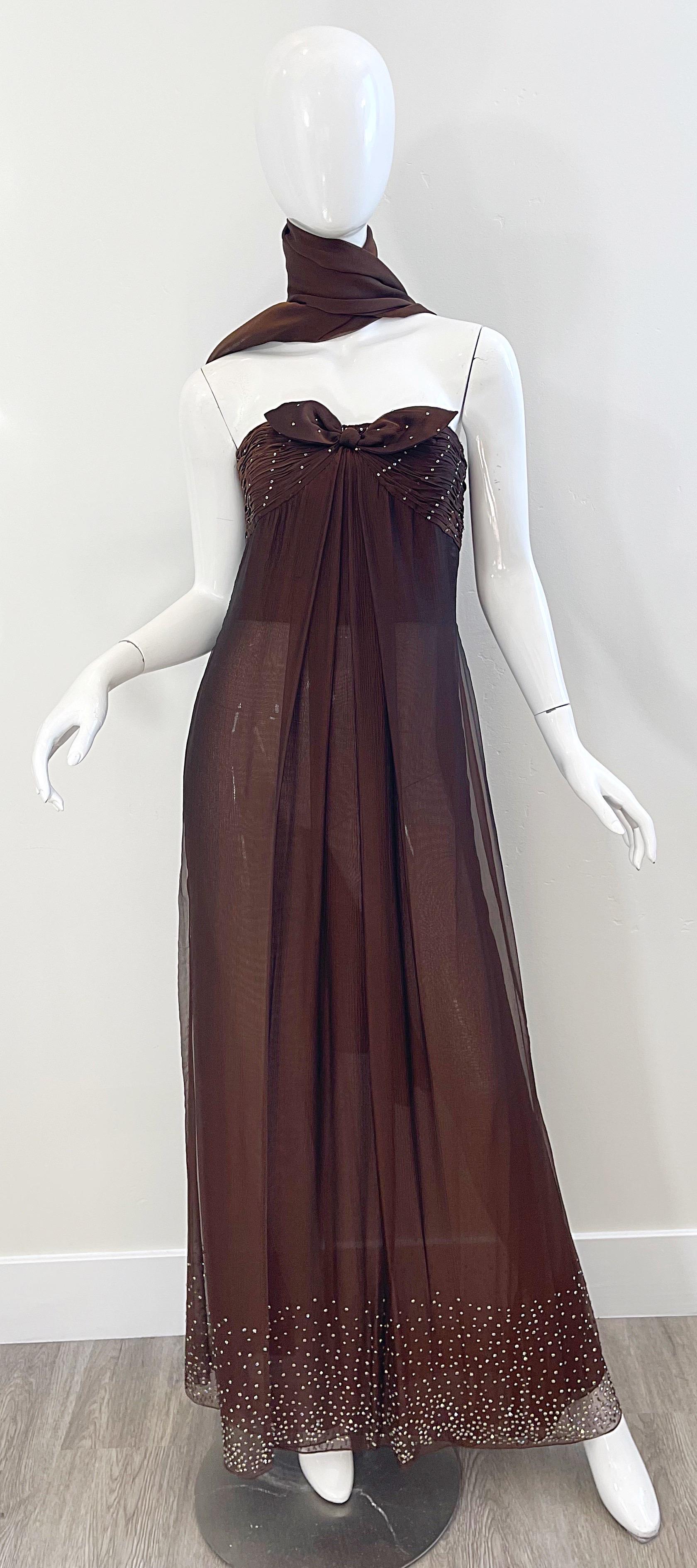 1970s Bill Blass Chocolate Brown Silk Chiffon Rhinestone Strapless Gown + Shawl For Sale 10