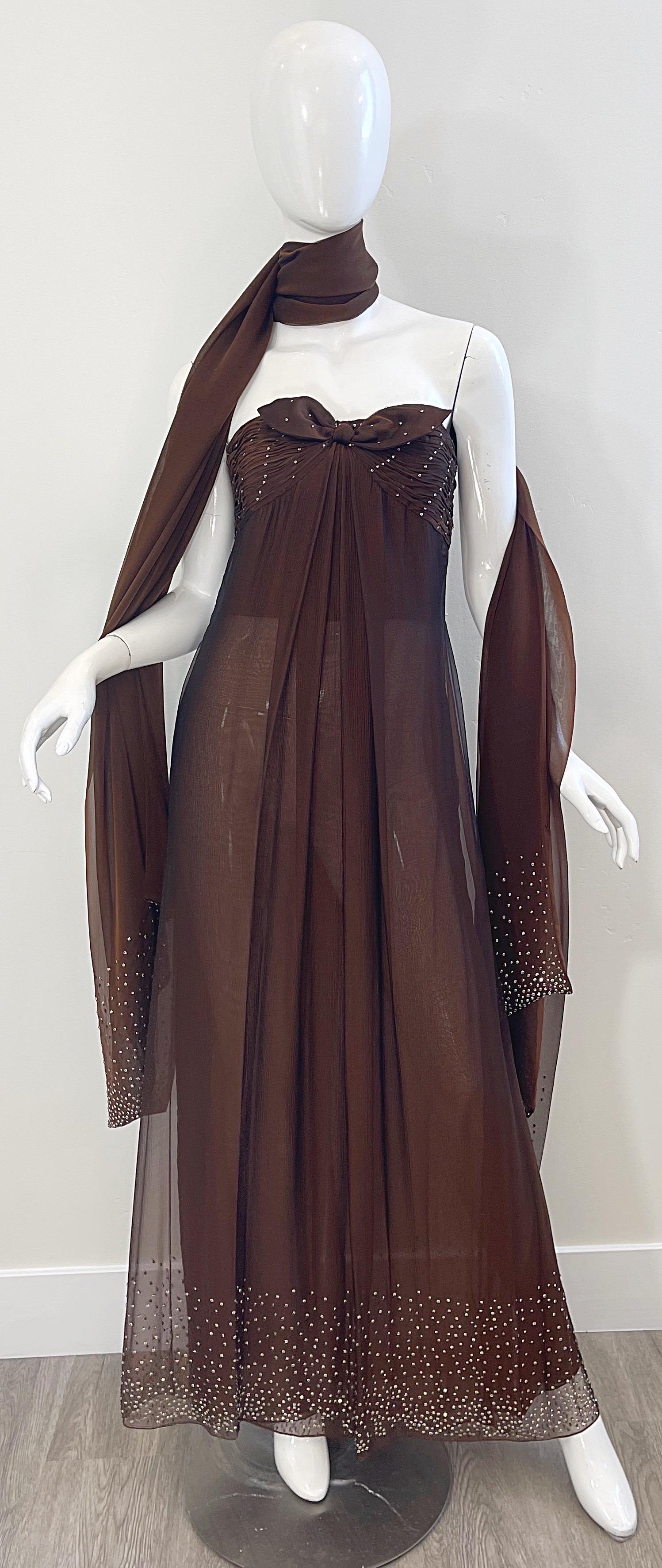 1970s Bill Blass Chocolate Brown Silk Chiffon Rhinestone Strapless Gown + Shawl For Sale 11