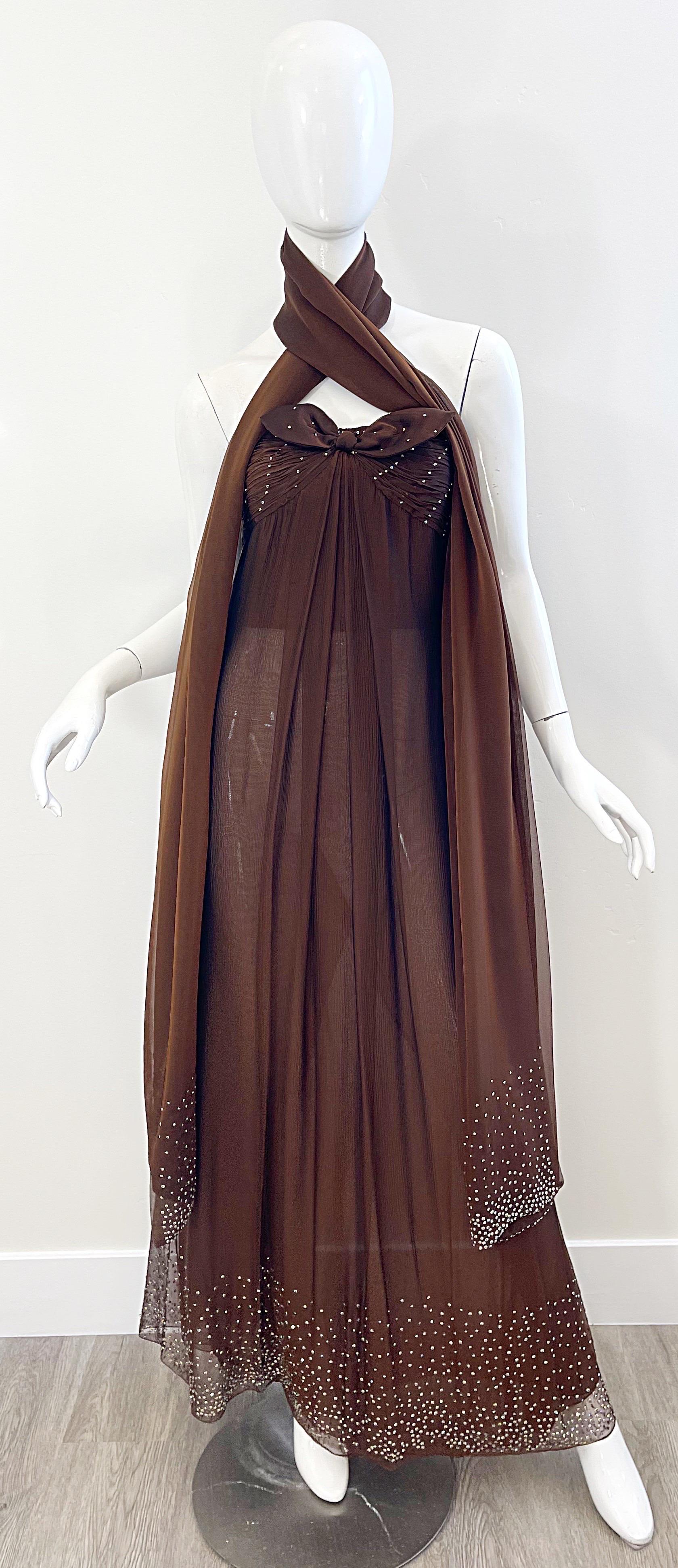 Black 1970s Bill Blass Chocolate Brown Silk Chiffon Rhinestone Strapless Gown + Shawl For Sale