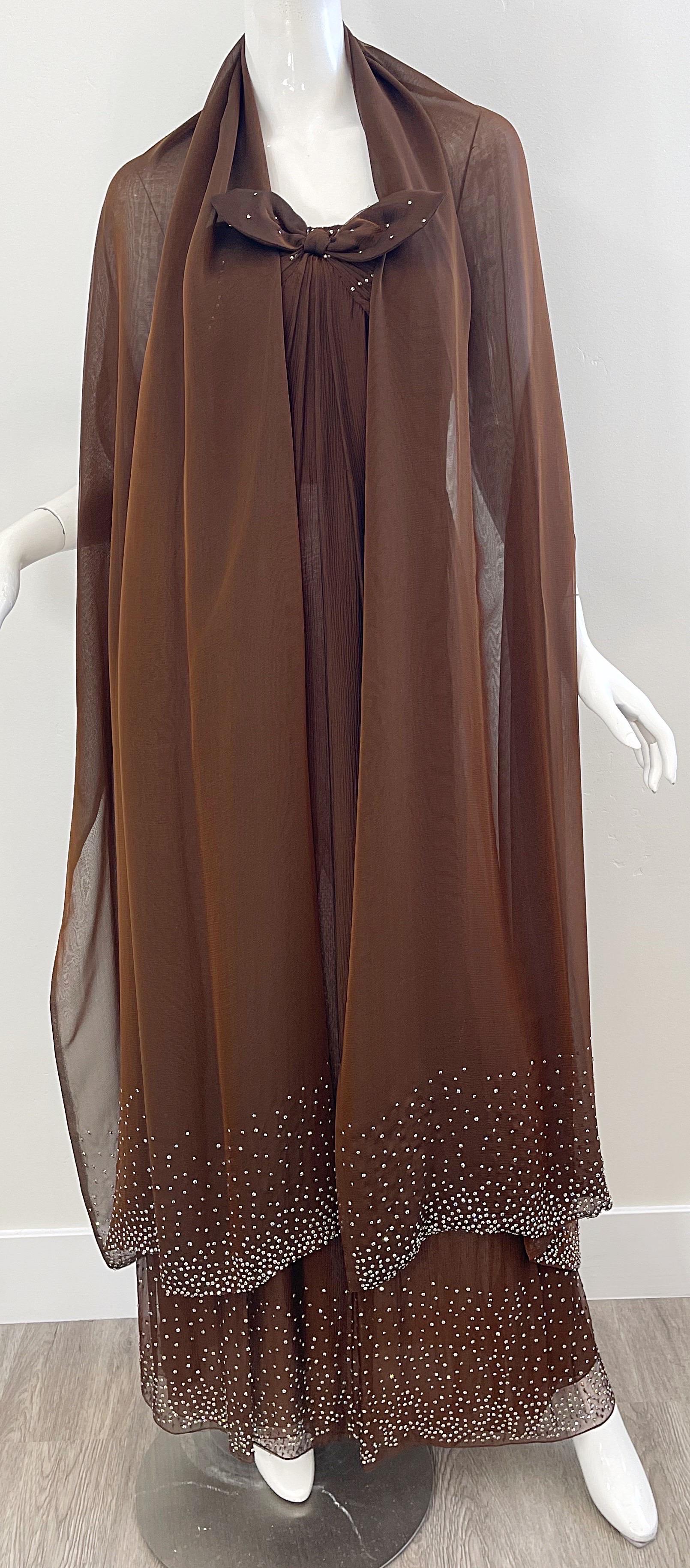 1970s Bill Blass Chocolate Brown Silk Chiffon Rhinestone Strapless Gown + Shawl In Excellent Condition For Sale In San Diego, CA