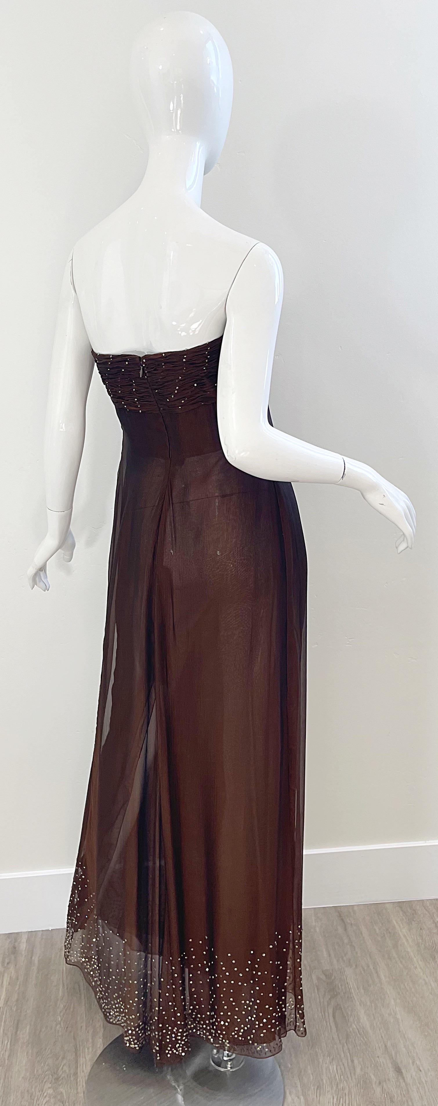 Women's 1970s Bill Blass Chocolate Brown Silk Chiffon Rhinestone Strapless Gown + Shawl For Sale