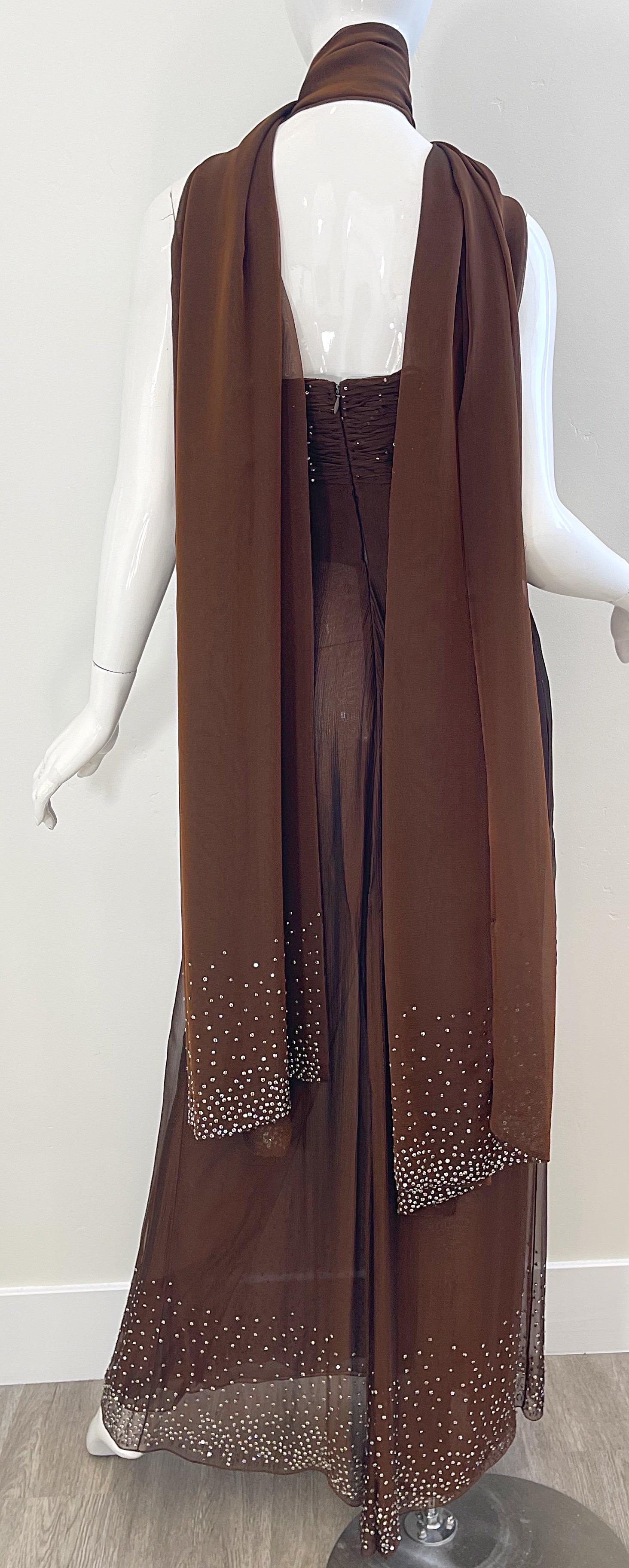 1970s Bill Blass Chocolate Brown Silk Chiffon Rhinestone Strapless Gown + Shawl For Sale 1