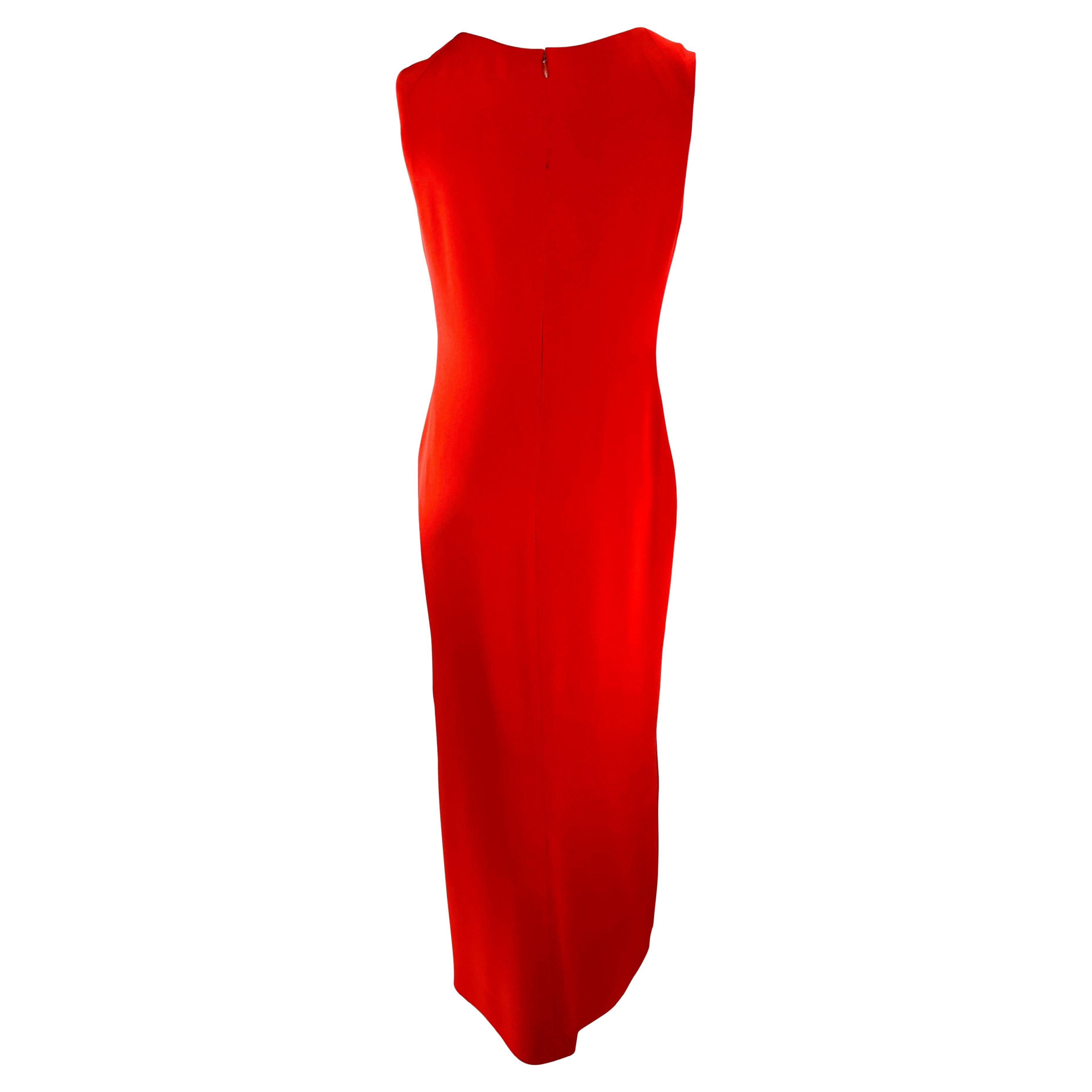 Women's 1990s Bill Blass Couture Red Thigh Slit Full Length Sleeveless Asymmetric Gown For Sale