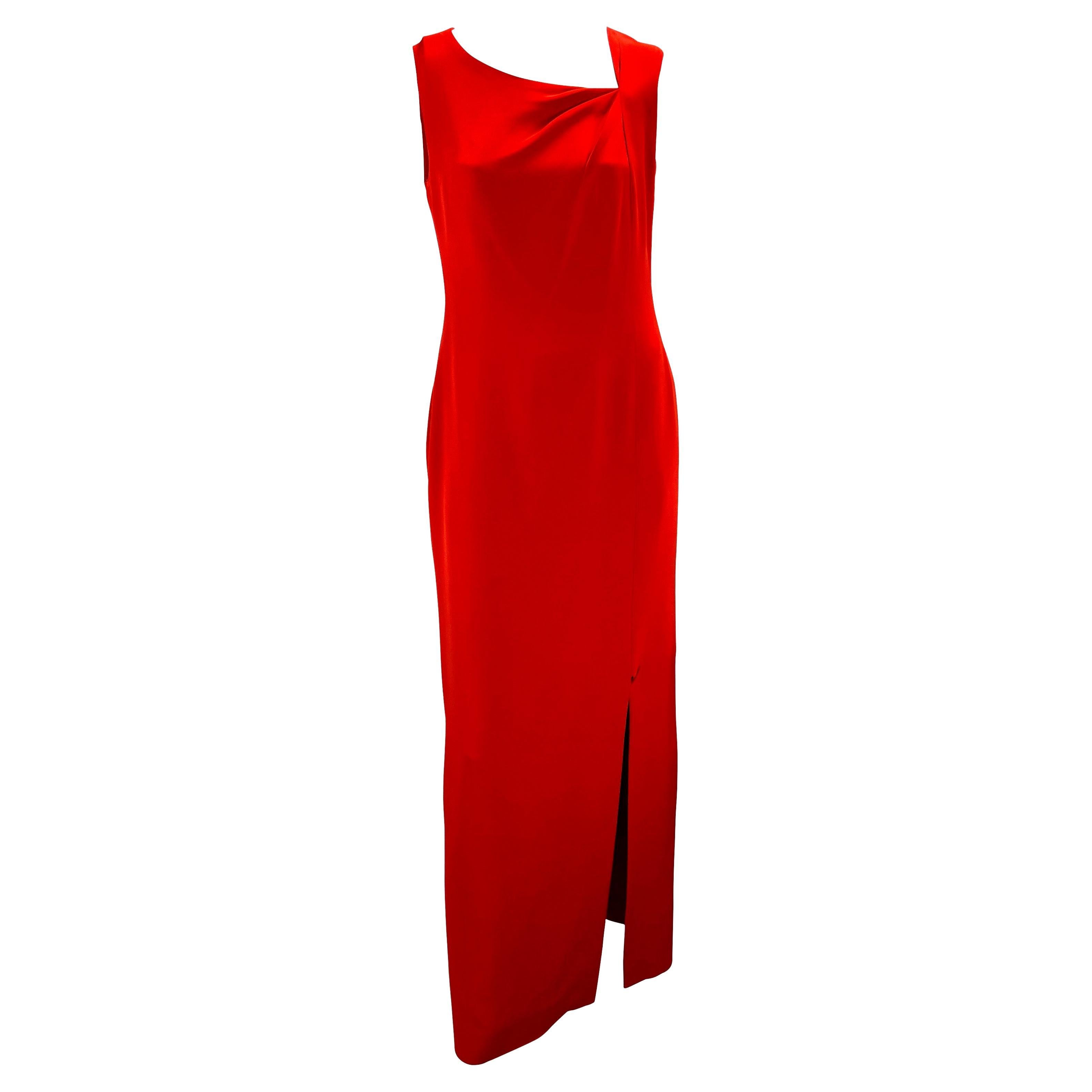 1990s Bill Blass Couture Red Thigh Slit Full Length Sleeveless Asymmetric Gown
