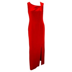 1990s Bill Blass Couture Red Thigh Slit Full Length Sleeveless Asymmetric Gown