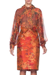 1990'S BILL BLASS Silk Demi Couture Vest, Shirt, & Chiffon Blouse Ensemble XL