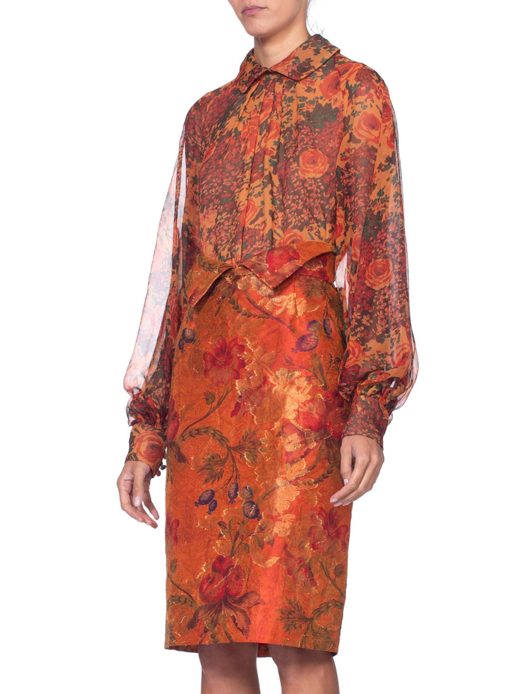 Orange 1990'S BILL BLASS Silk Demi Couture Vest, Shirt, & Chiffon Blouse Ensemble XL For Sale