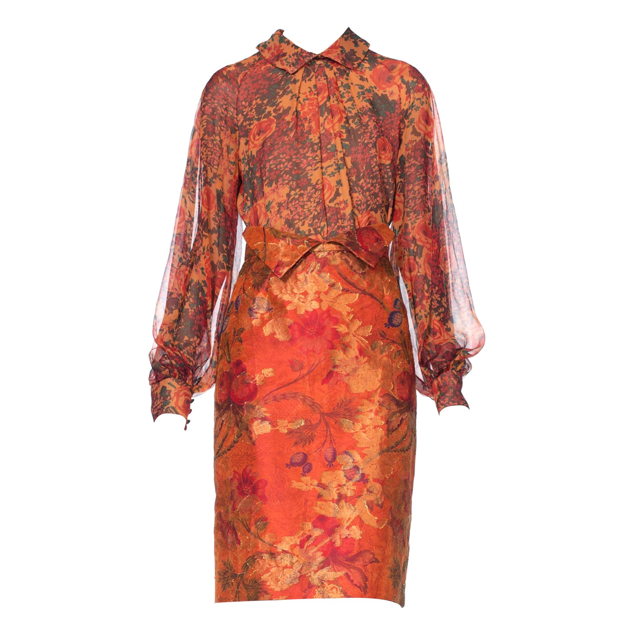 1990'S BILL BLASS Silk Demi Couture Vest, Shirt, & Chiffon Blouse Ensemble XL For Sale