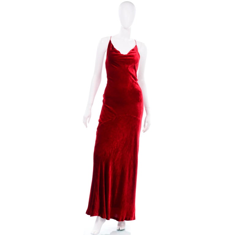 1990s Bill Blass Dress Vintage Red Velvet Bias Cut Evening Gown With ...
