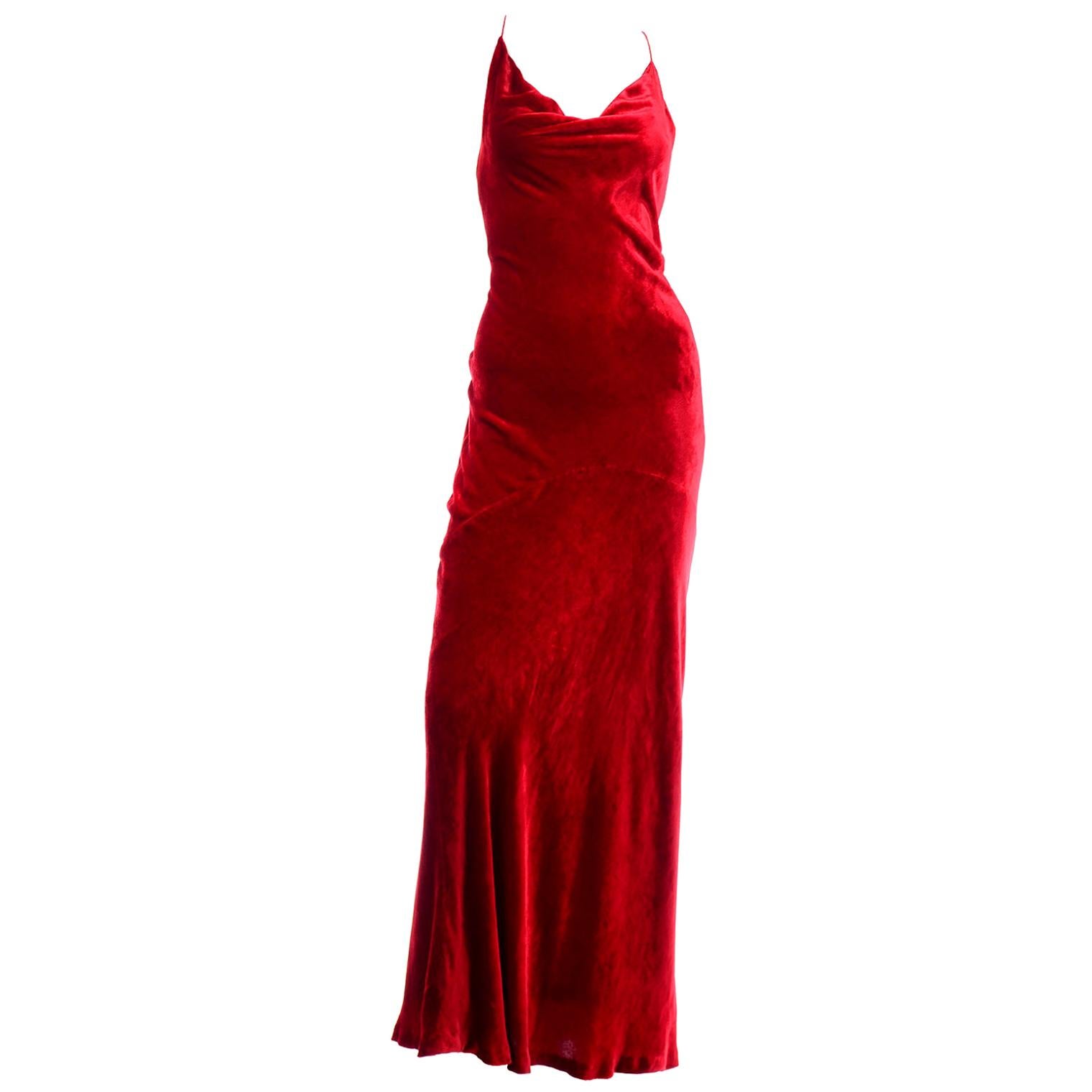 1990s Bill Blass Dress Vintage Red Velvet Bias Cut Evening Gown With Silk Lining