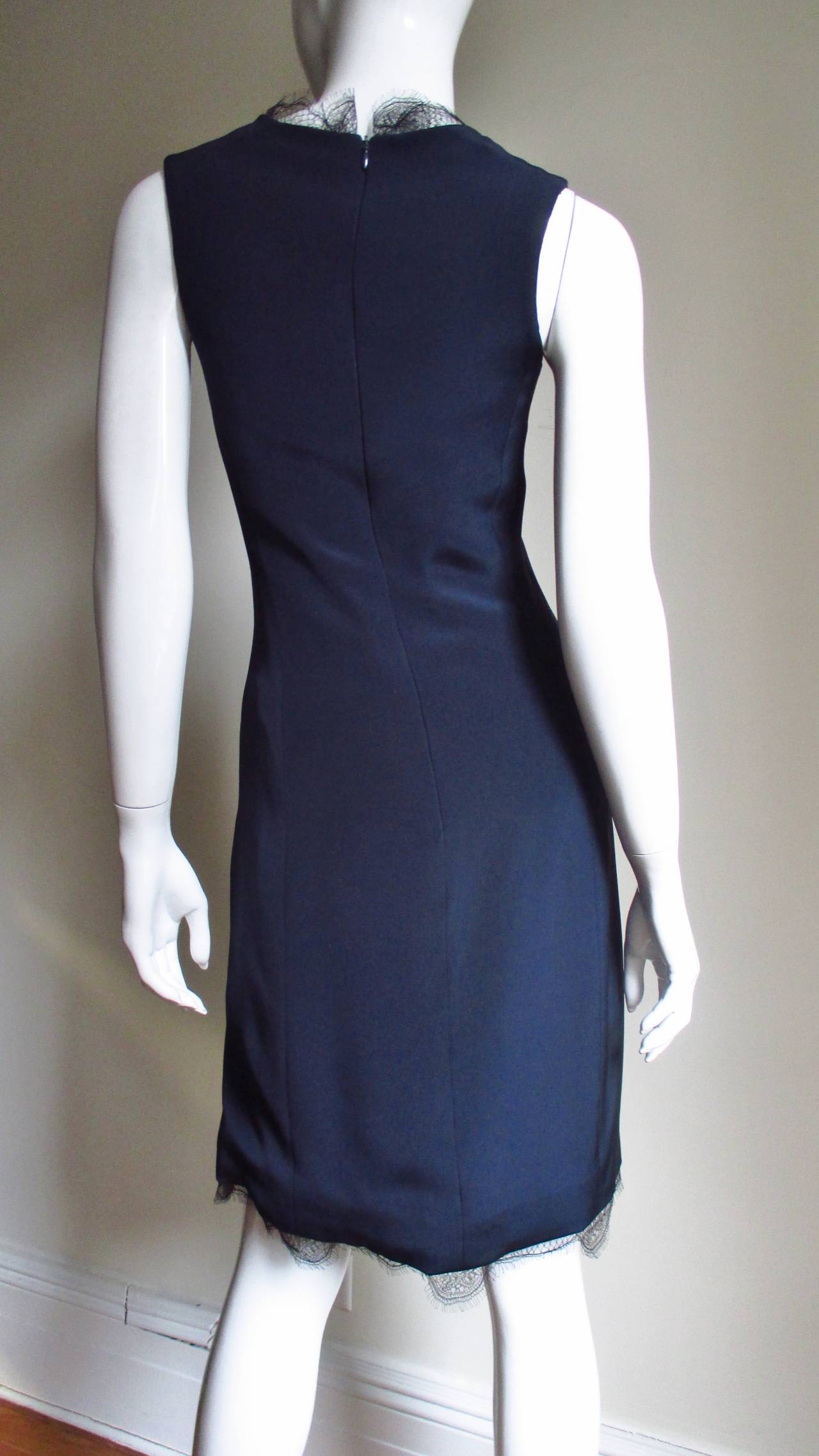 Bill Blass Lace Trim Navy Silk Dress 1990s For Sale 4