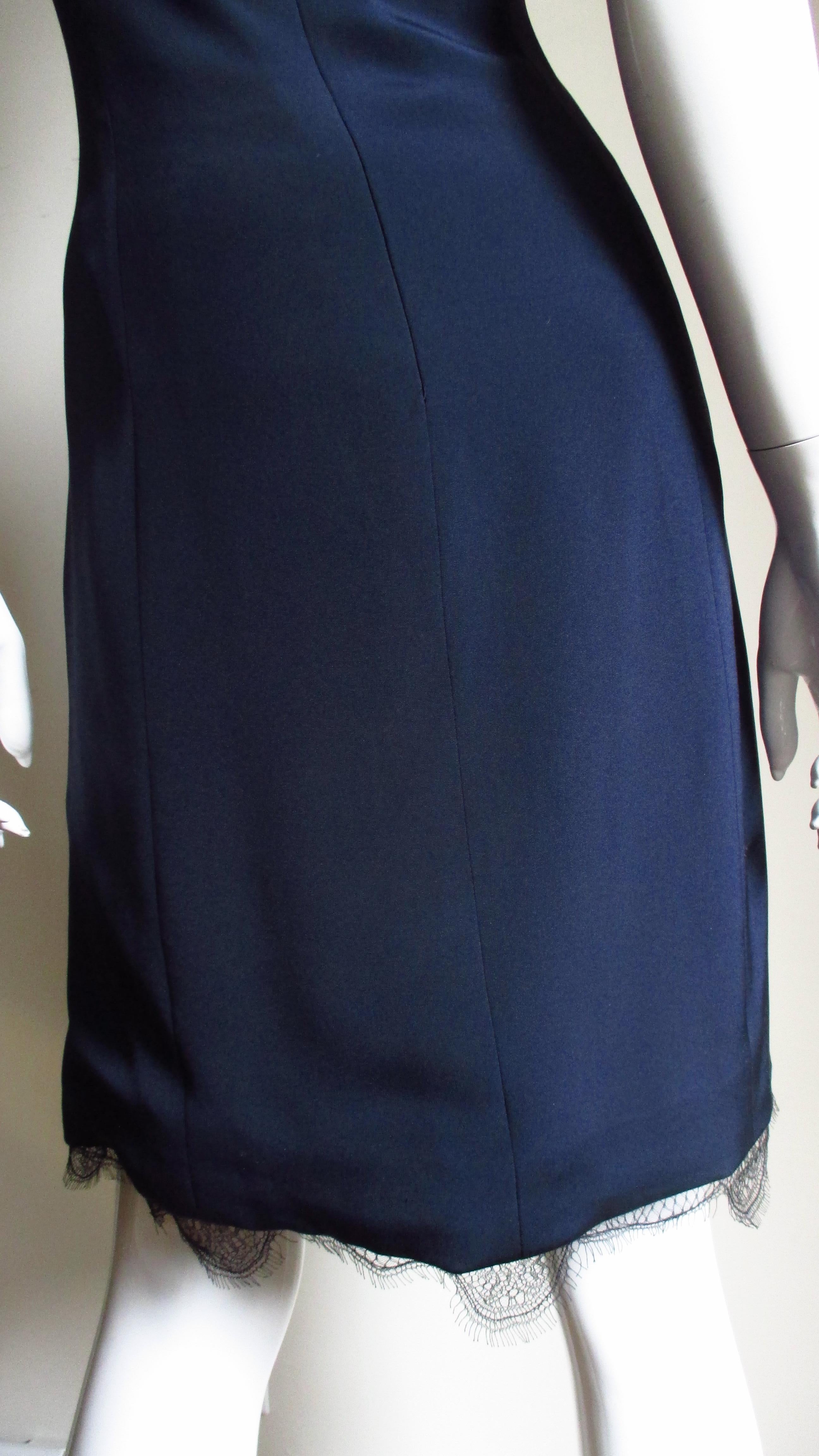 Bill Blass Lace Trim Navy Silk Dress 1990s For Sale 6