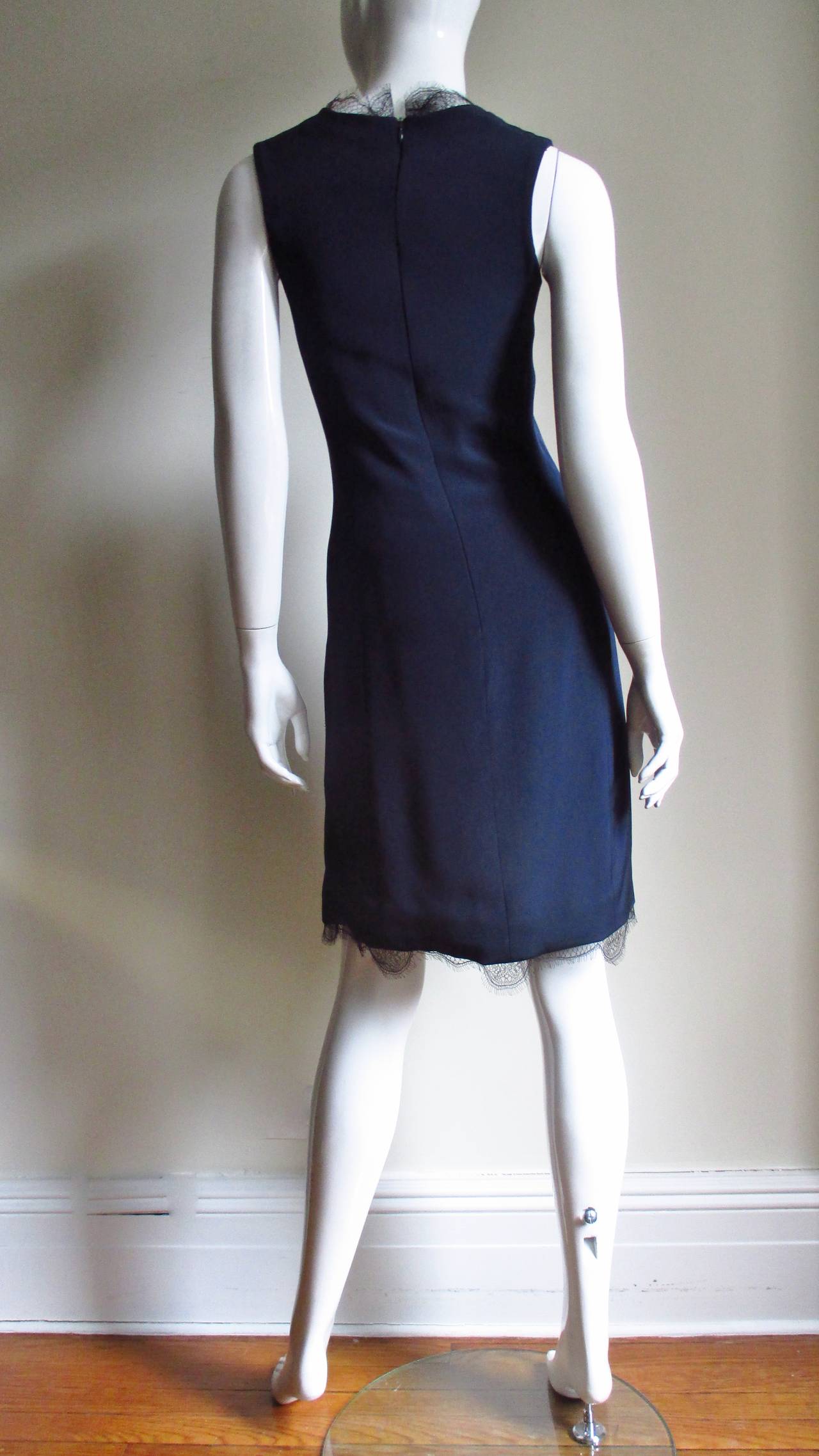 Bill Blass Lace Trim Navy Silk Dress 1990s For Sale 7