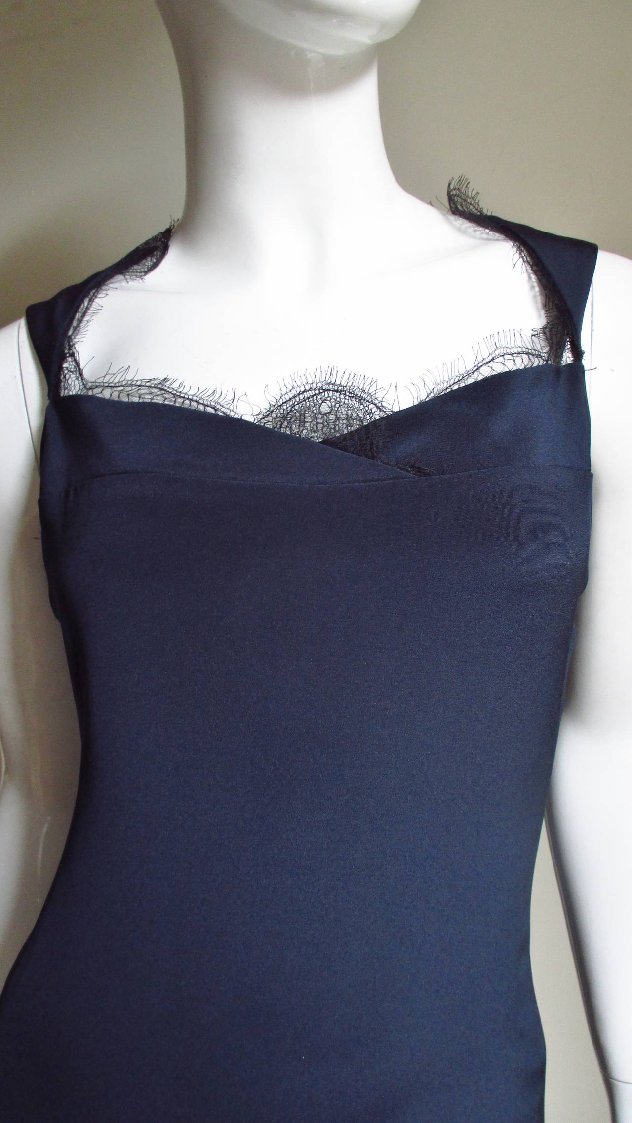Bill Blass Lace Trim Navy Silk Dress 1990s In Excellent Condition For Sale In Water Mill, NY
