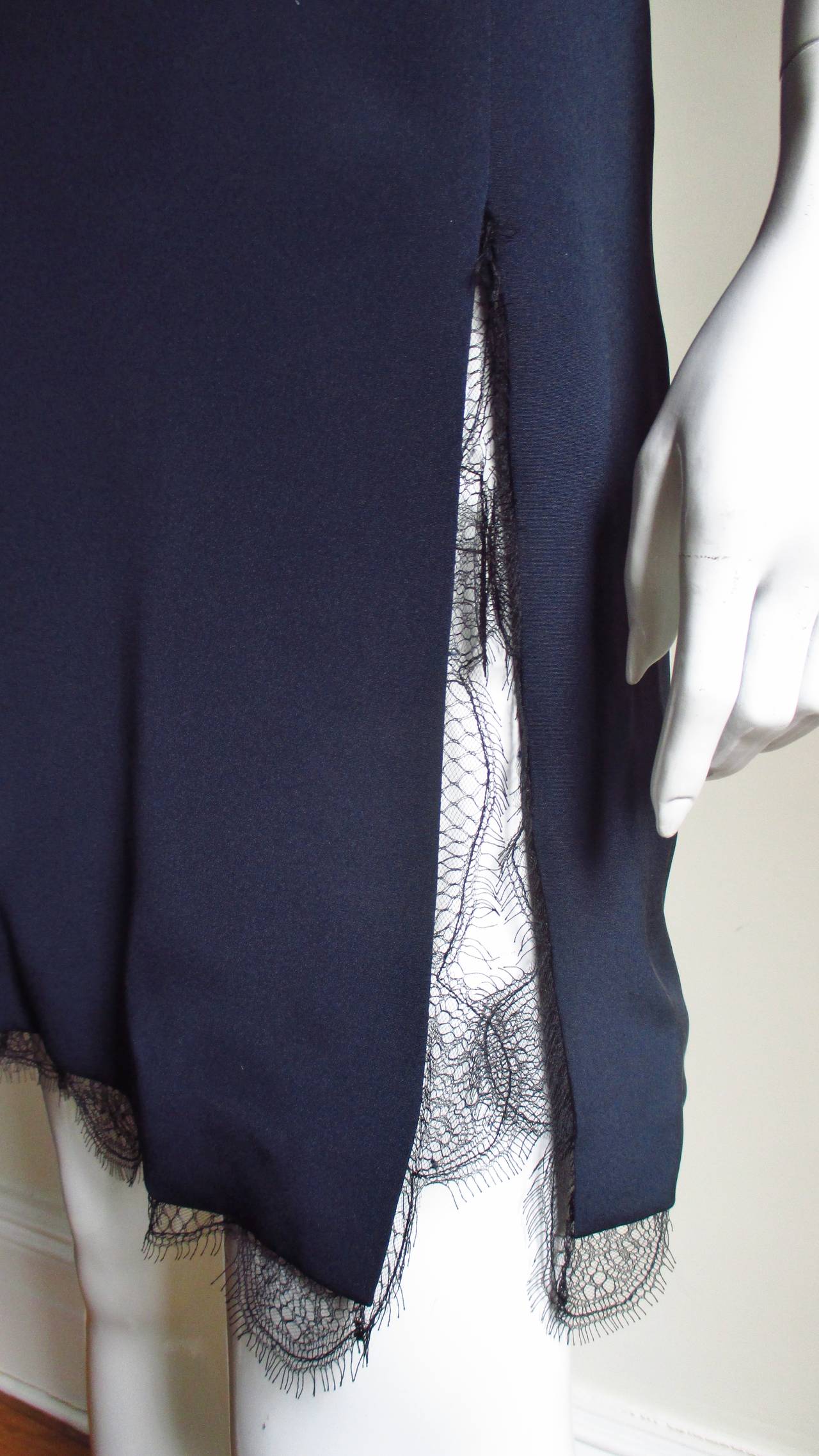Bill Blass Lace Trim Navy Silk Dress 1990s For Sale 1