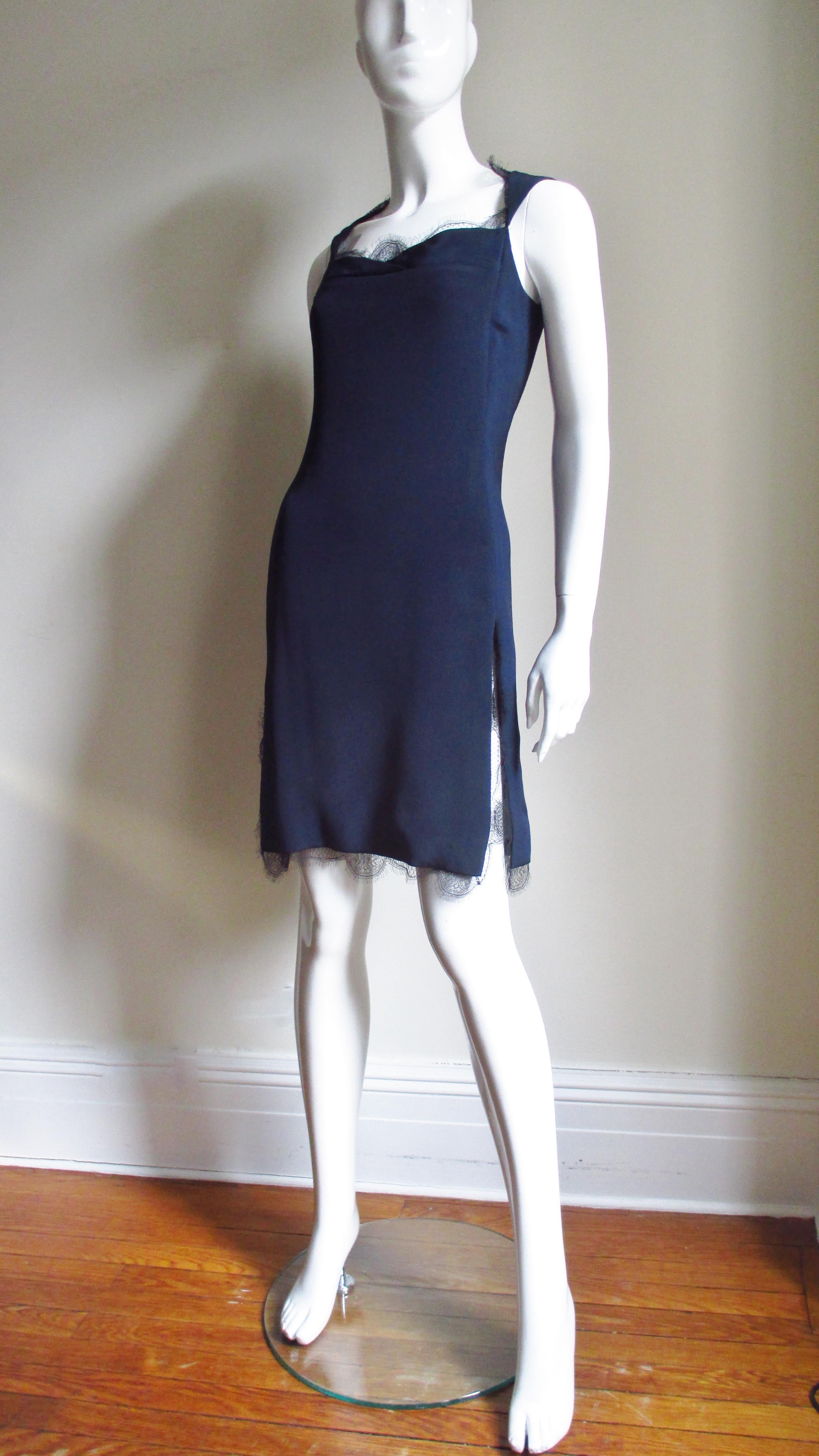 Bill Blass Lace Trim Navy Silk Dress 1990s For Sale 3