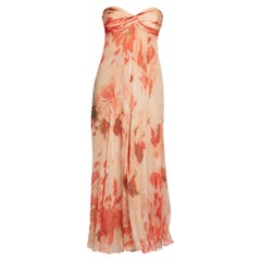 1990S Bill Blass Mixed Pinks Bias Cut Silk Chiffon Strapless Floral Cocktail Dr