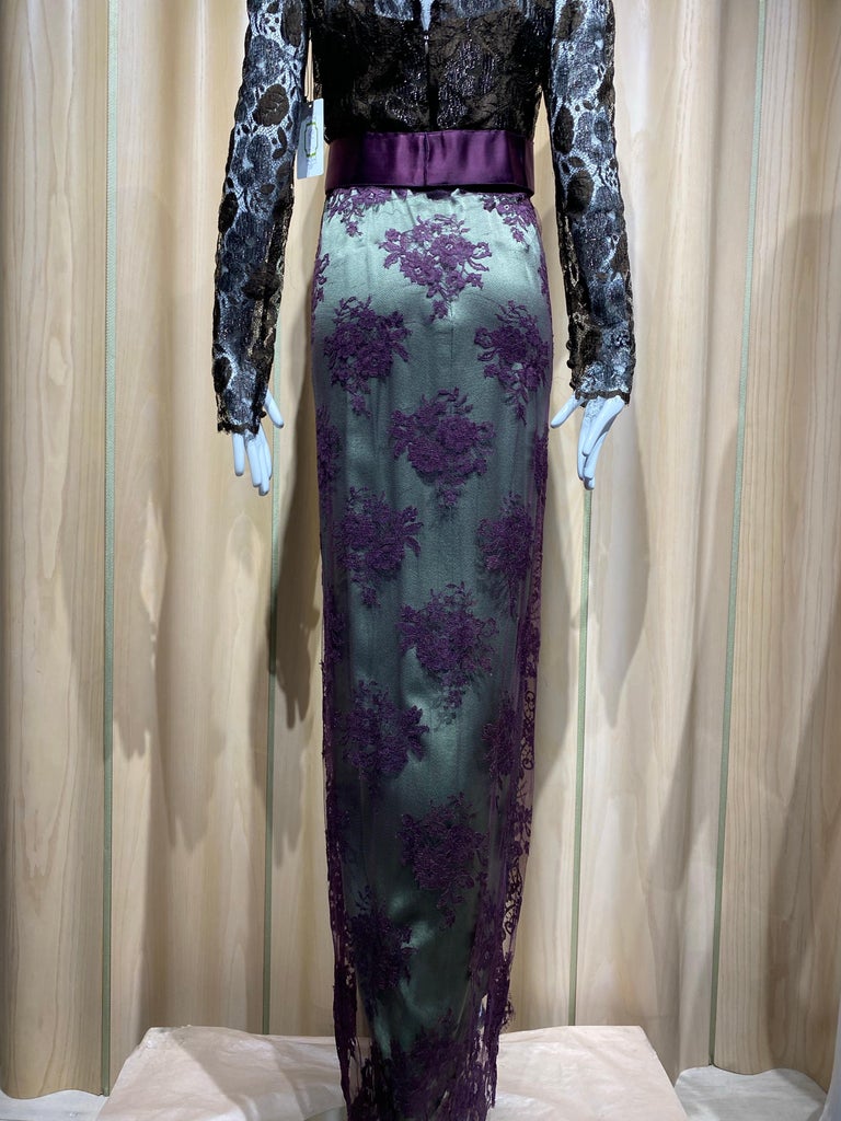 1990s Bill Blass Multi Color Lace Silk Gown 1990s Bill Blass Multi Color Lace Silk Gown