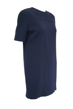 1990s Bill Blass Navy Blue Shift Dress with Curved Neckline Detail