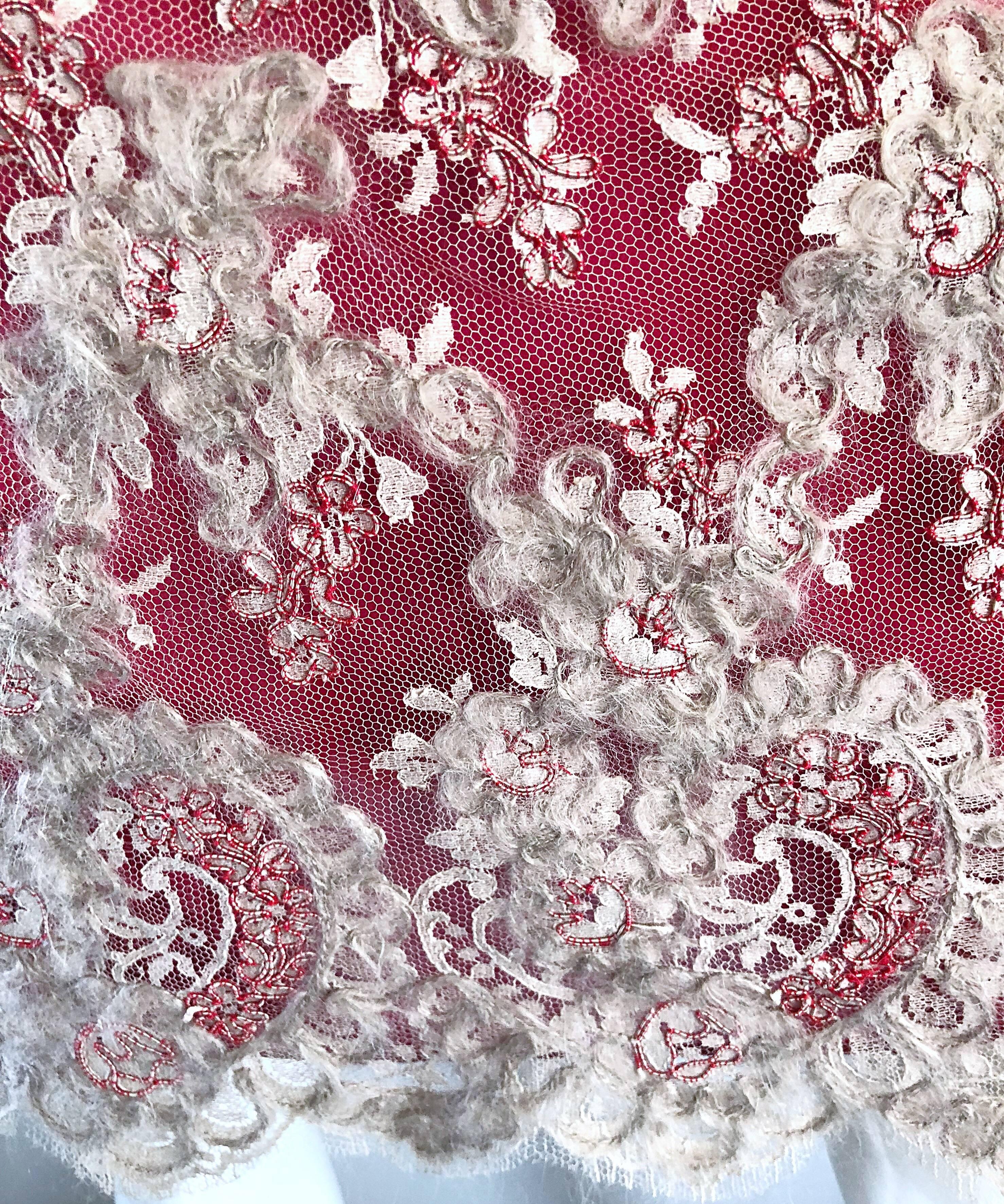 1990s Bill Blass Size 8 10 Raspberry Pink Beige Silk Chiffon + Mohair Lace Dress For Sale 7
