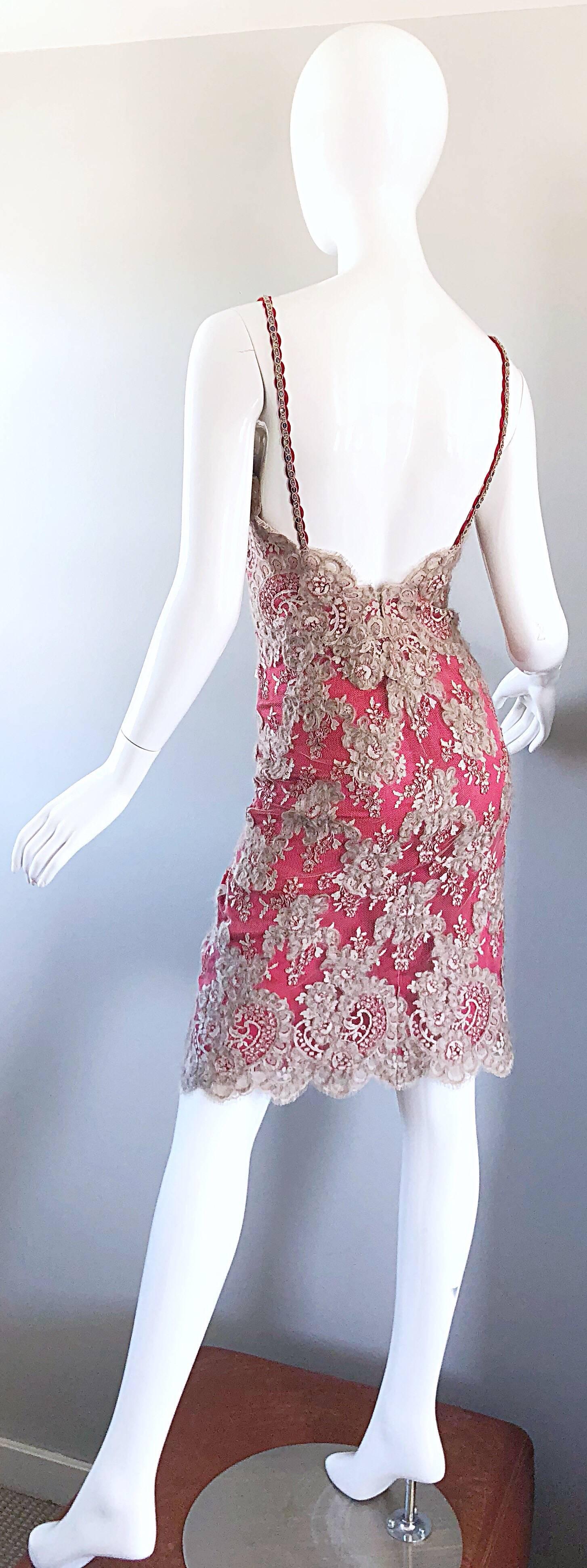 1990s Bill Blass Size 8 10 Raspberry Pink Beige Silk Chiffon + Mohair Lace Dress For Sale 10