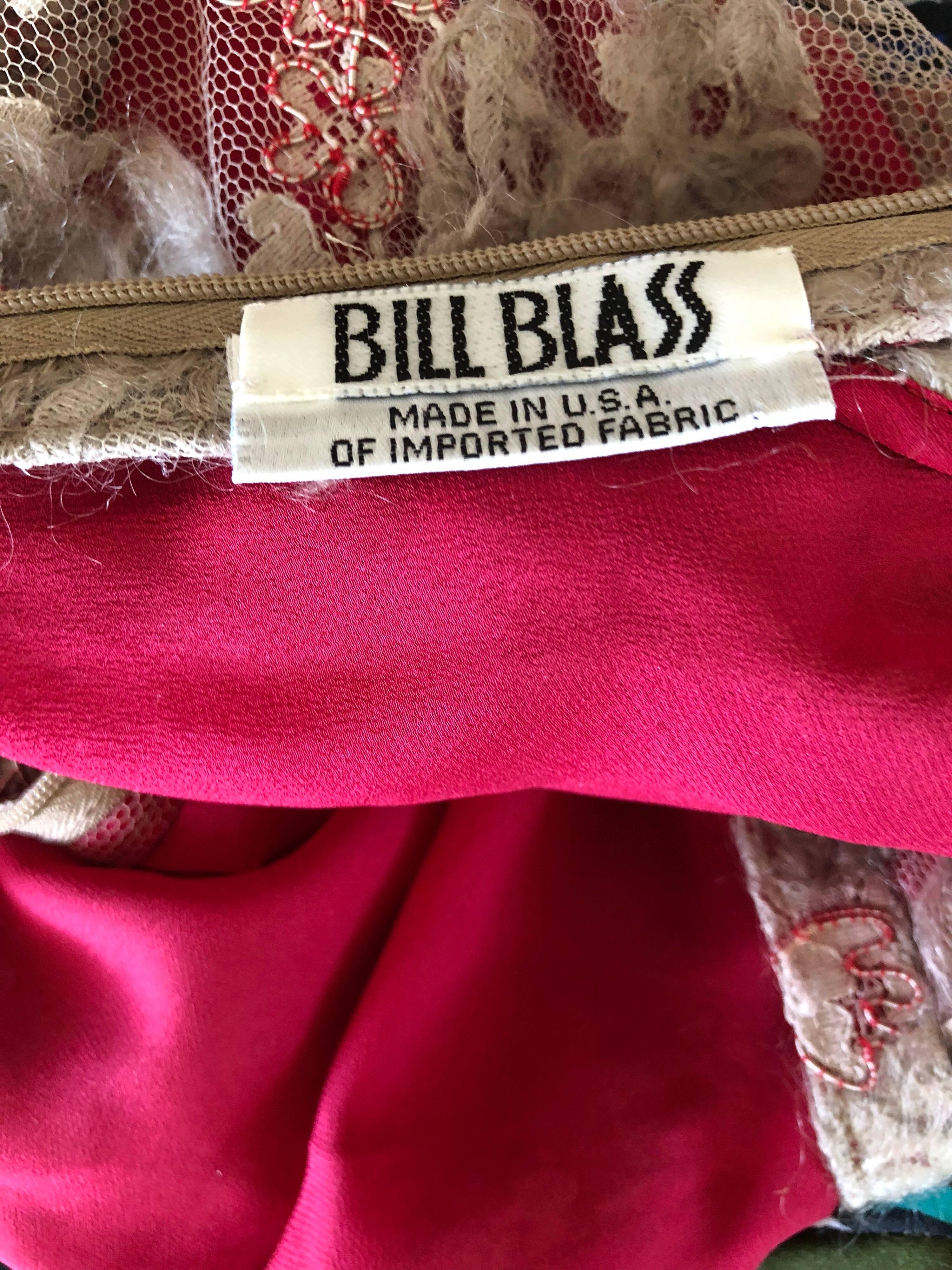 1990s Bill Blass Size 8 10 Raspberry Pink Beige Silk Chiffon + Mohair Lace Dress For Sale 13