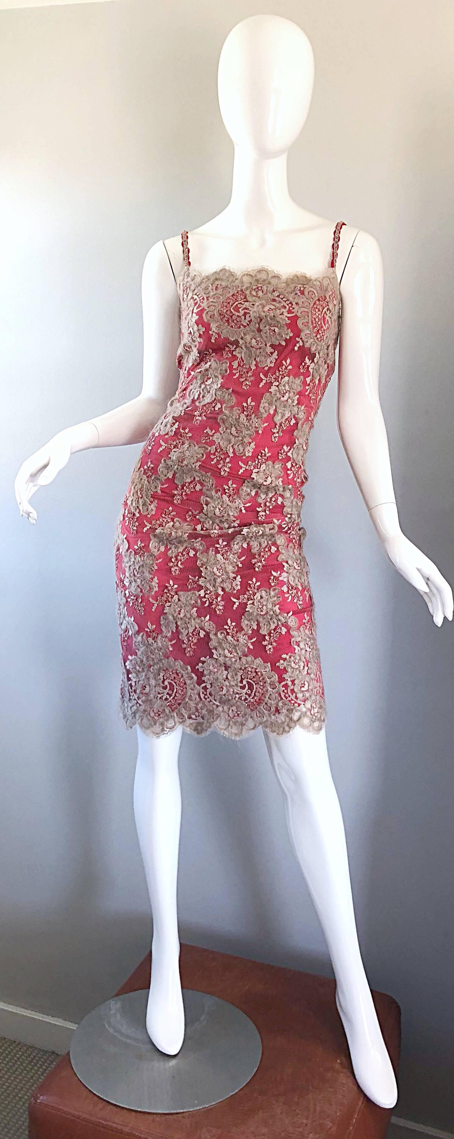 Beautiful 90s vintage BILL BLASS raspberry pink and beige taupe beaded sleeveless cocktail dress! Features an ultra soft raspberry pink silk chiffon, with a beige / taupe mohair wool lace overlay. Flattering tailored fit, with a low cut back. Beaded