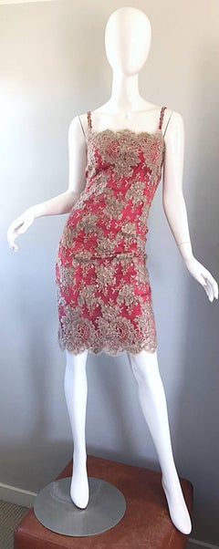 1990s Bill Blass Size 8 10 Raspberry Pink Beige Silk Chiffon + Mohair Lace Dress