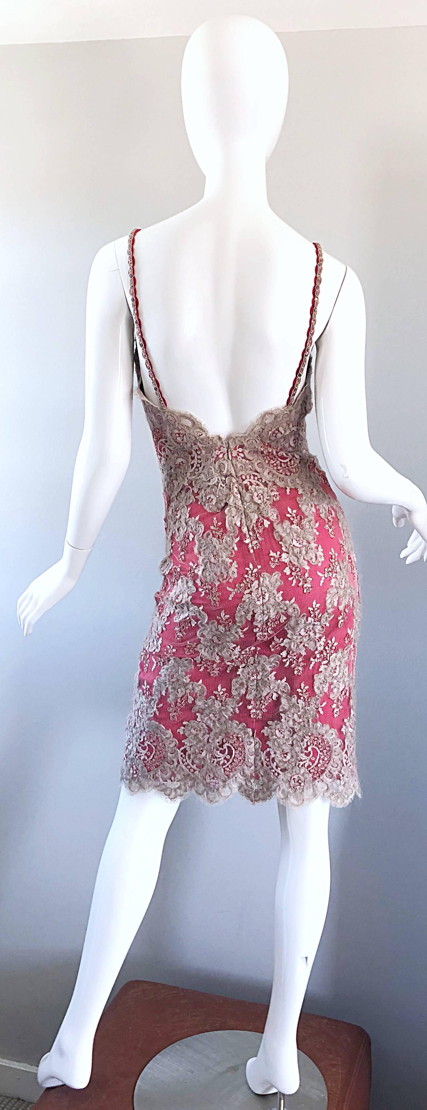 1990s Bill Blass Size 8 10 Raspberry Pink Beige Silk Chiffon + Mohair Lace Dress In Excellent Condition For Sale In San Diego, CA
