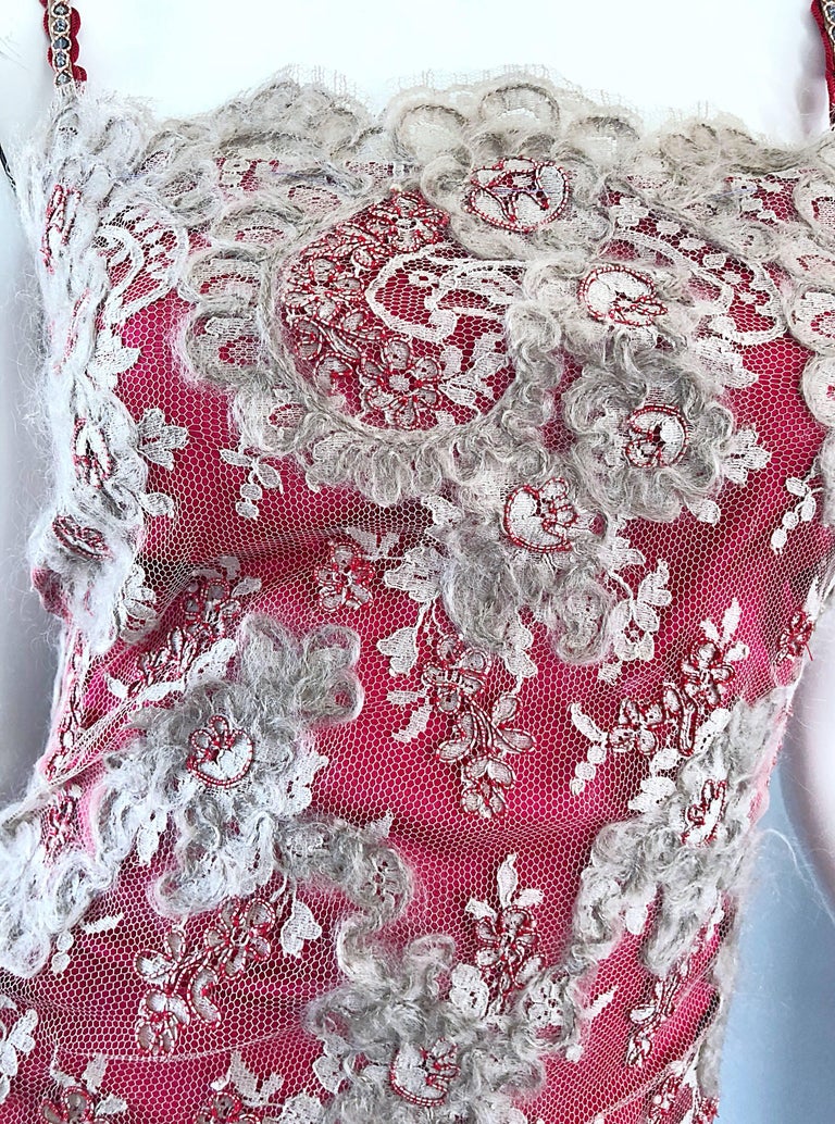 Book Documented Spring 1988 Bill Blass Bright Pink Silk & Black Net Ruffle Dress w Pouf Sleeves