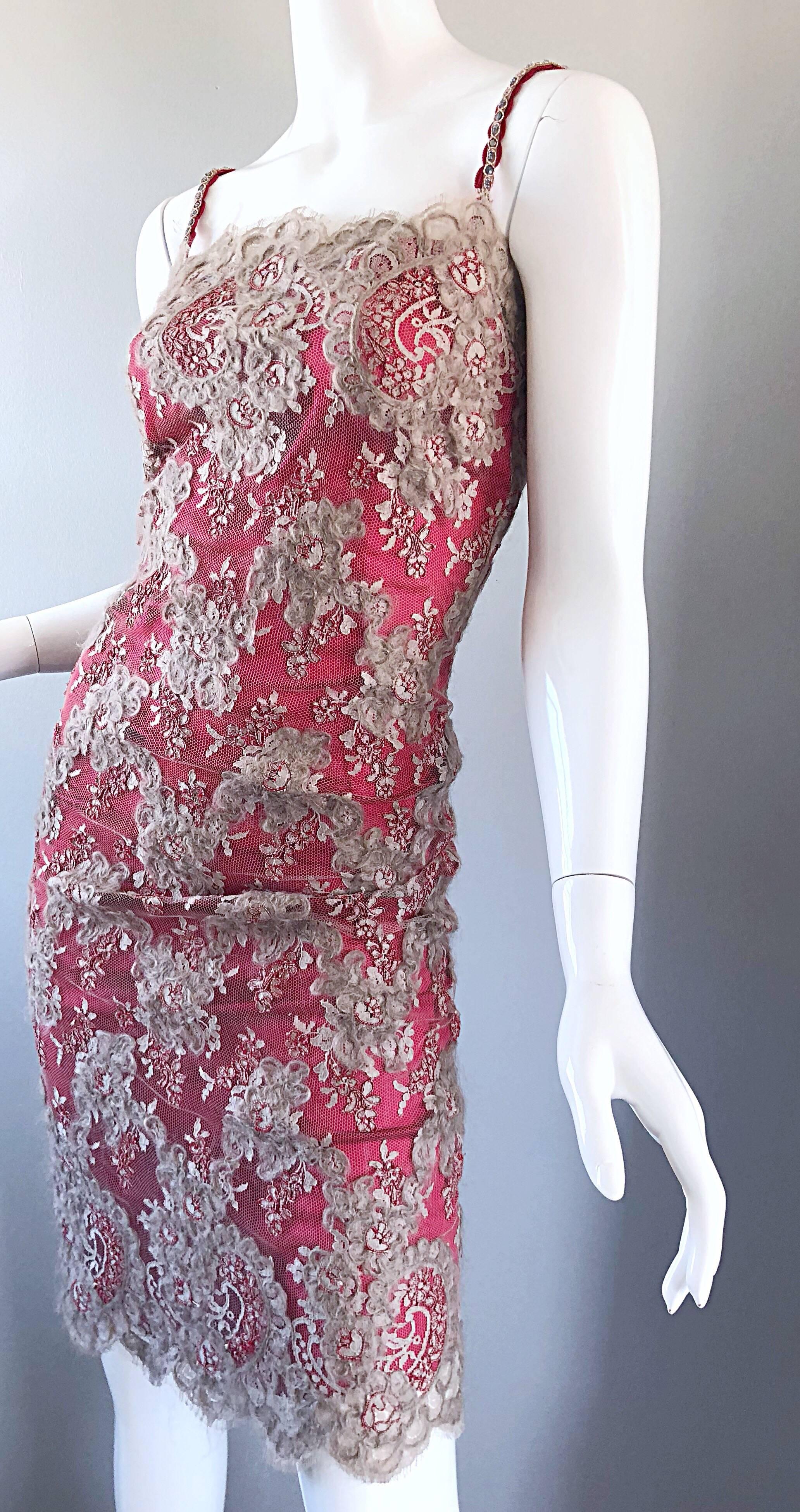 1990s Bill Blass Size 8 10 Raspberry Pink Beige Silk Chiffon + Mohair Lace Dress For Sale 4