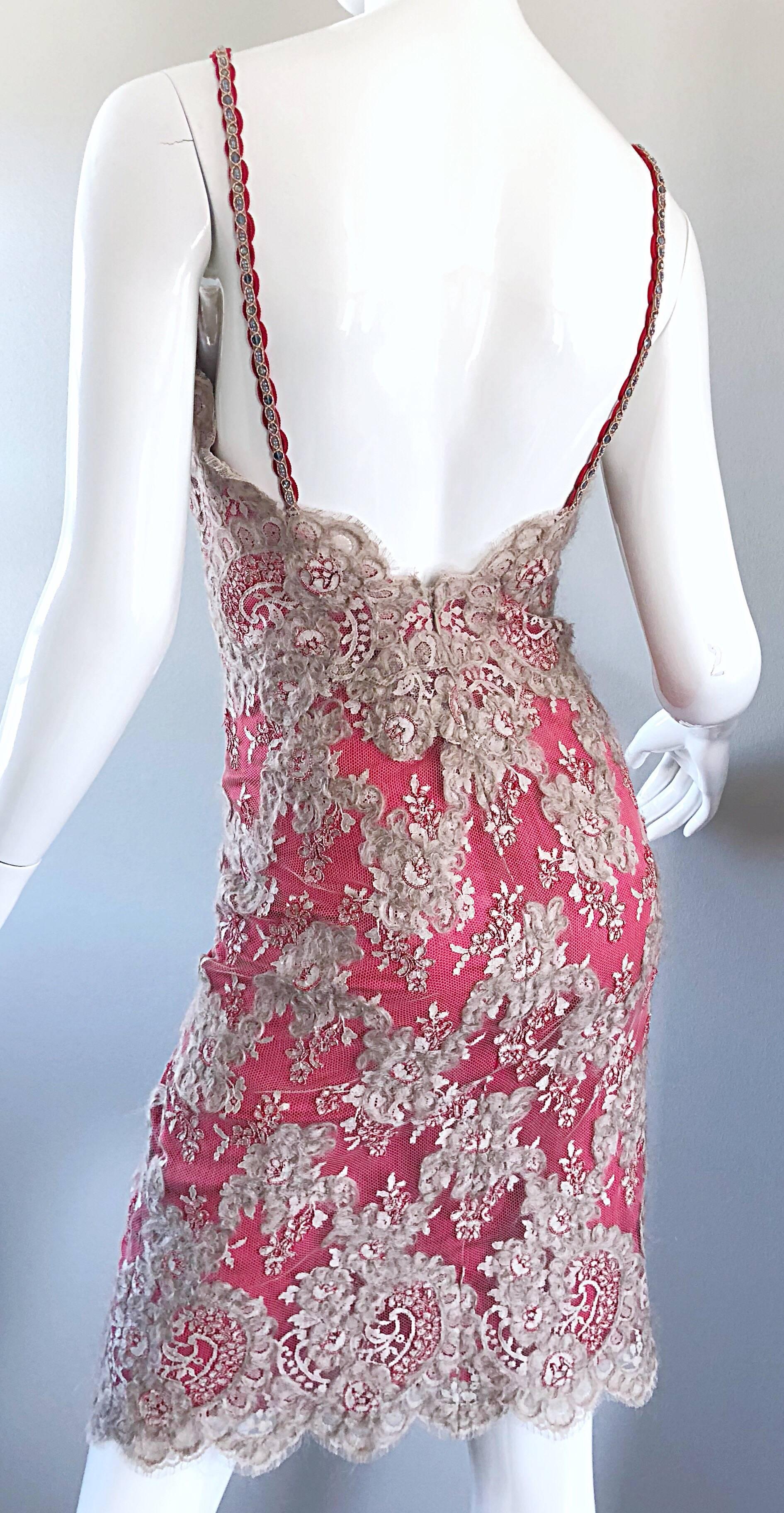 1990s Bill Blass Size 8 10 Raspberry Pink Beige Silk Chiffon + Mohair Lace Dress For Sale 5