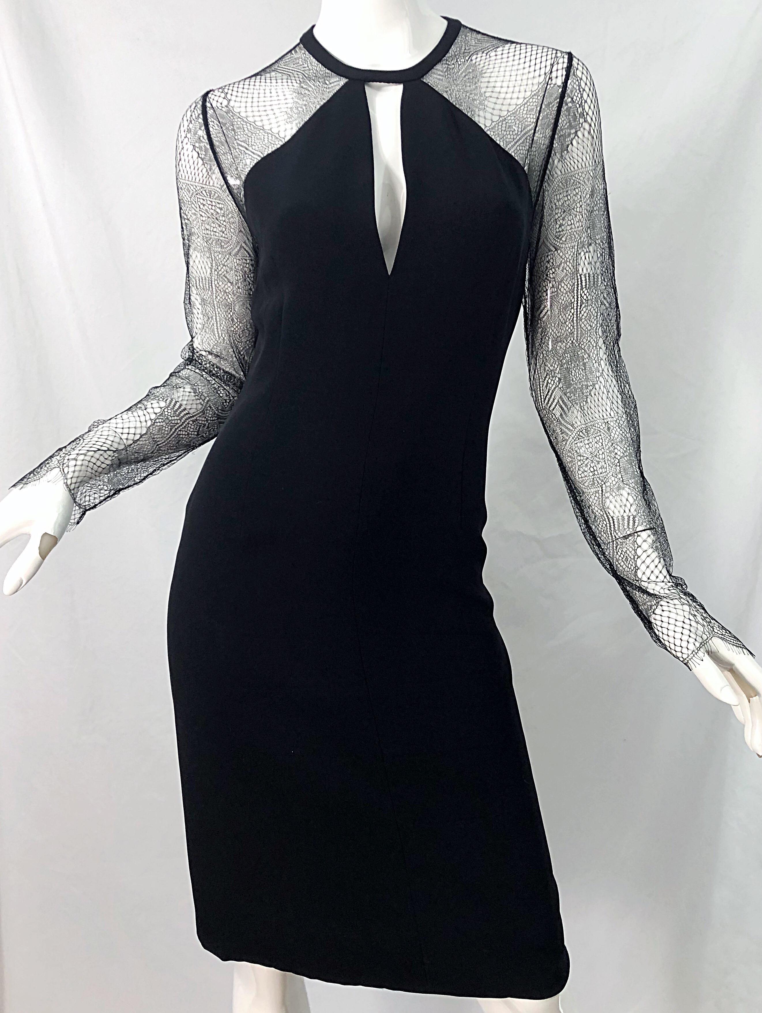1990er Bill Blass Größe 8 Schwarzes langärmeliges Kleid aus schwarzer Seide mit Spitze im Vintage-Stil mit Ausschnitt im Angebot 7