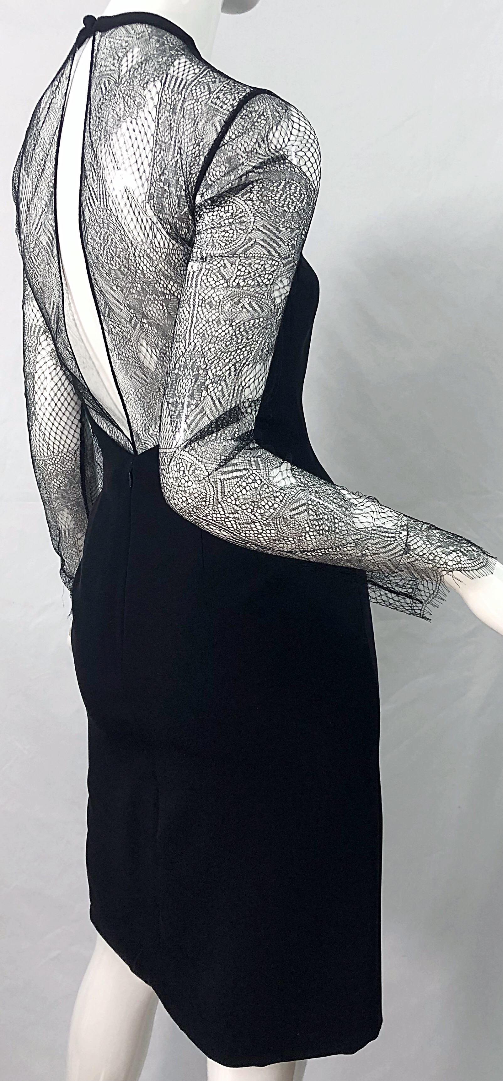 1990er Bill Blass Größe 8 Schwarzes langärmeliges Kleid aus schwarzer Seide mit Spitze im Vintage-Stil mit Ausschnitt im Angebot 11