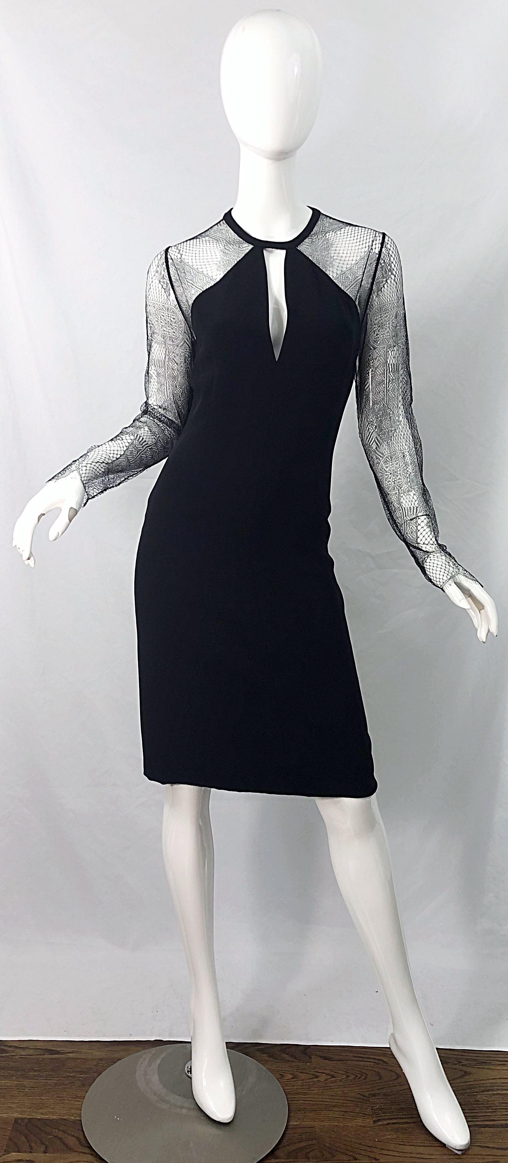 1990er Bill Blass Größe 8 Schwarzes langärmeliges Kleid aus schwarzer Seide mit Spitze im Vintage-Stil mit Ausschnitt im Angebot 12