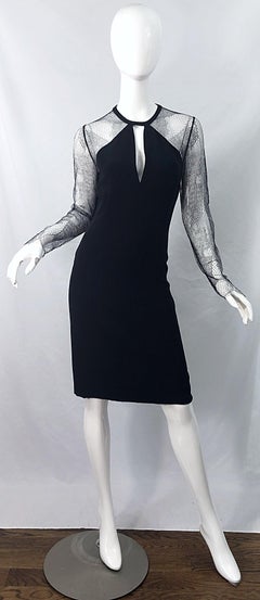 1990s Bill Blass Size 6 8 Black Silk Lace Cut Out Vintage 90s Long Sleeve Dress