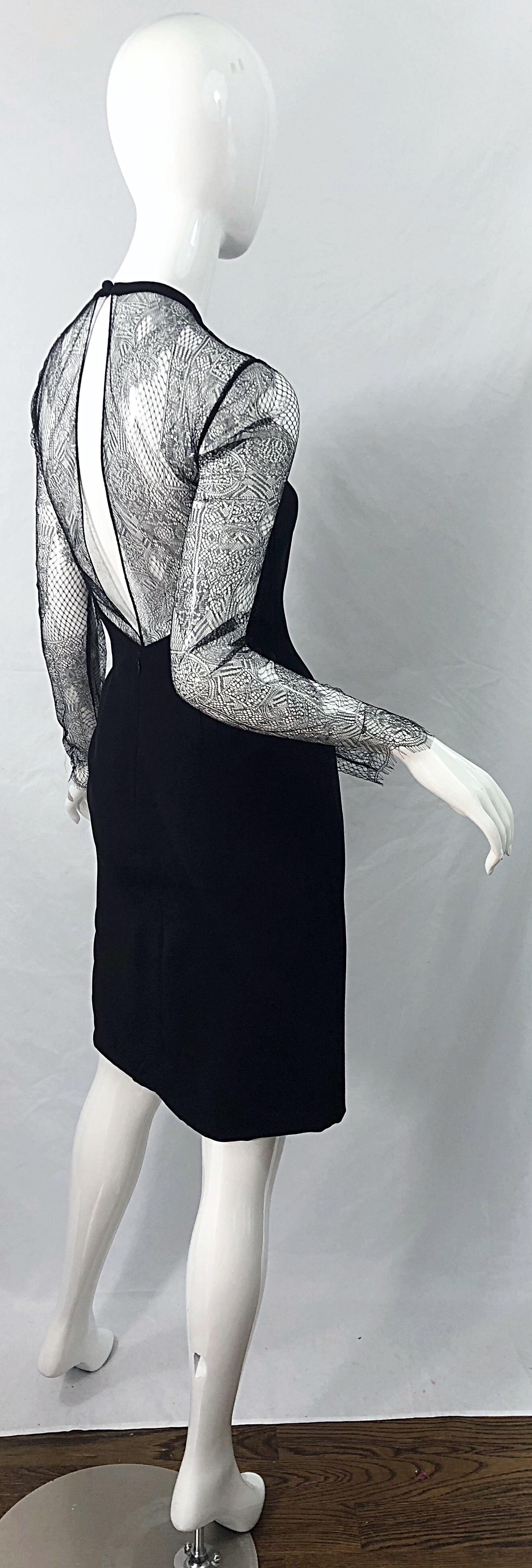 1990er Bill Blass Größe 8 Schwarzes langärmeliges Kleid aus schwarzer Seide mit Spitze im Vintage-Stil mit Ausschnitt im Angebot 5