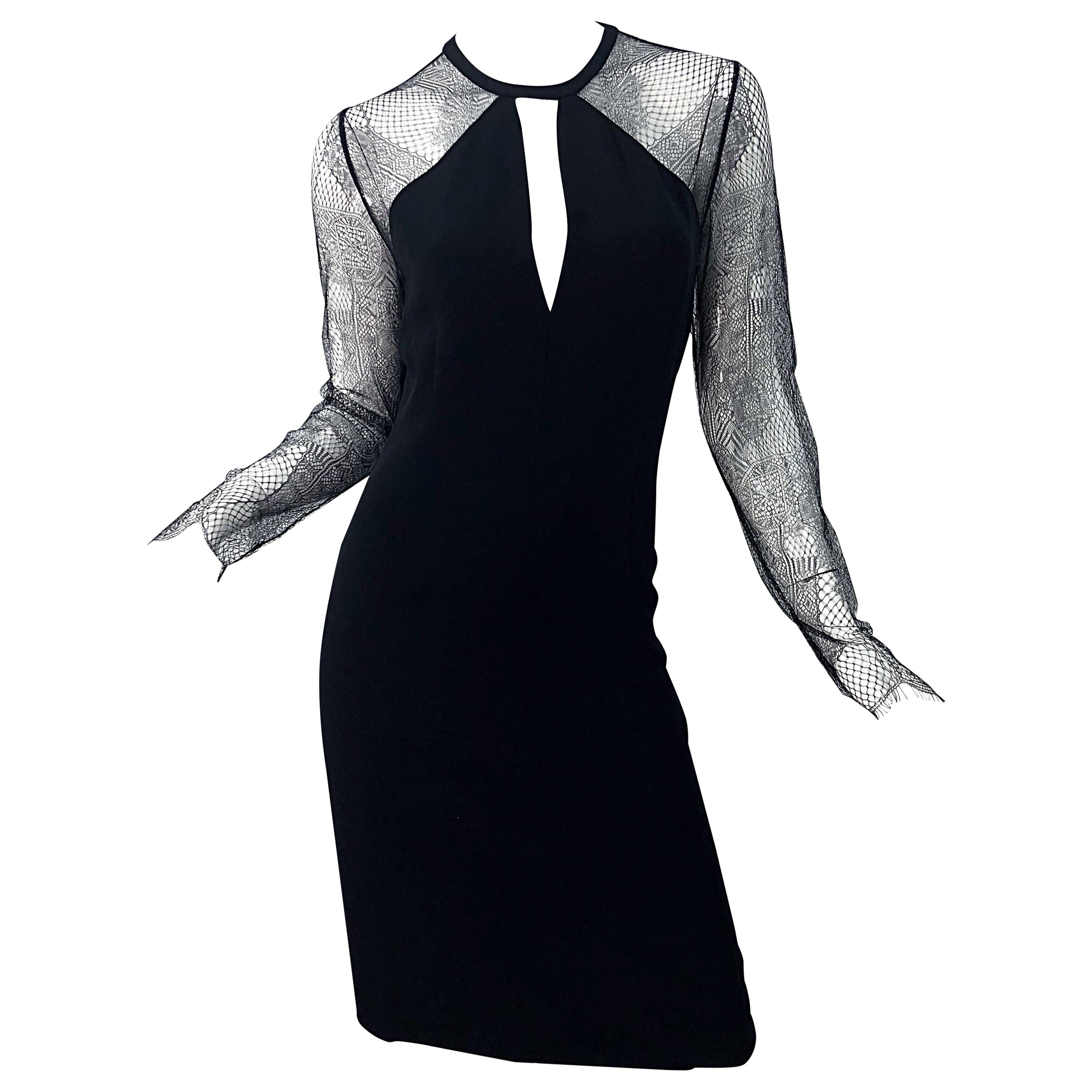 1990er Bill Blass Größe 8 Schwarzes langärmeliges Kleid aus schwarzer Seide mit Spitze im Vintage-Stil mit Ausschnitt im Angebot