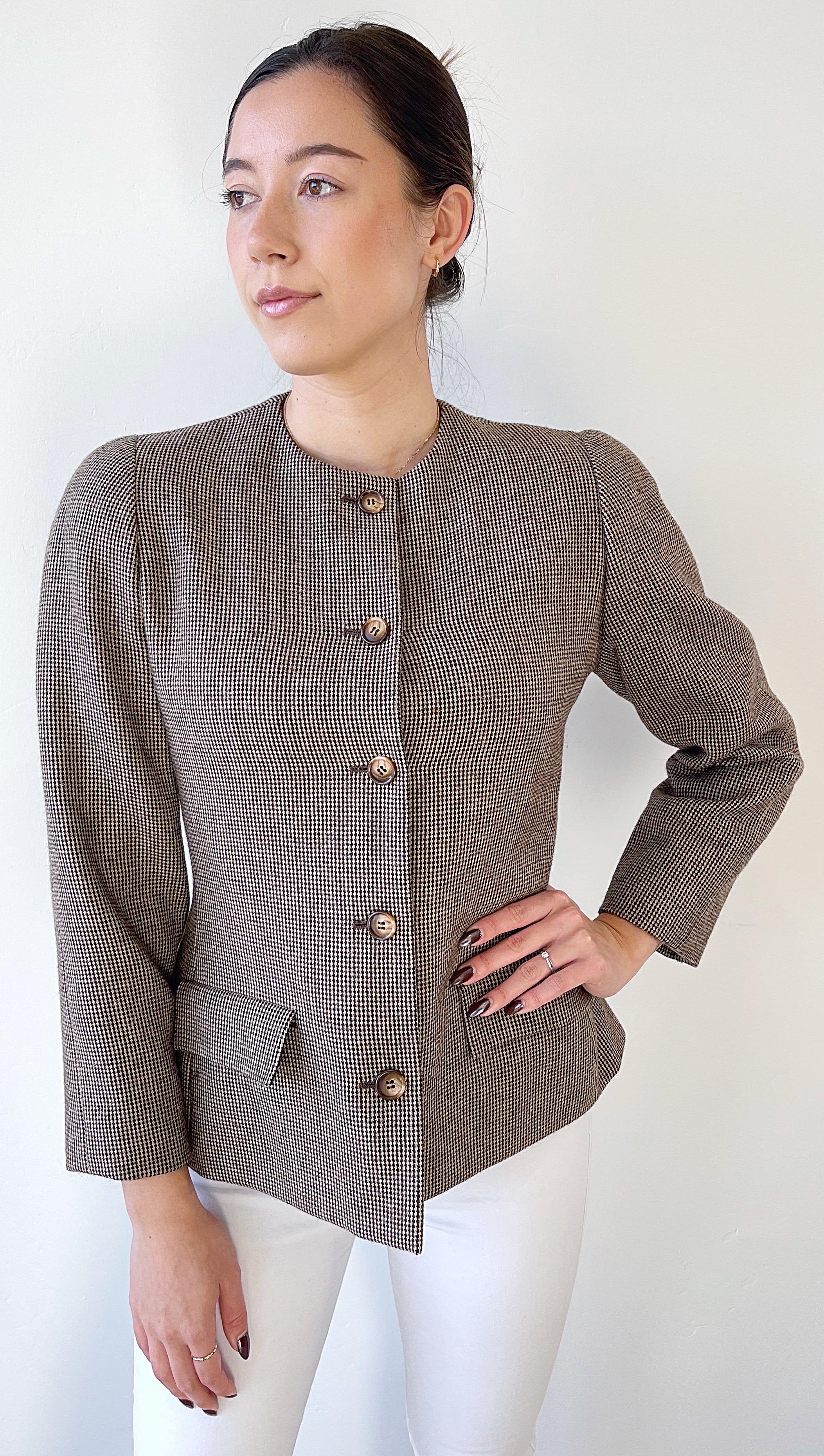 Black 1990s Bill Blass Size 8 For Saks 5th Avenue Brown Vintage 90s Collarless Blazer For Sale