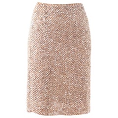 1990S BILL BLASS Tan Haute Couture Silk Chiffon Skirt Beaded With Fur Leather S