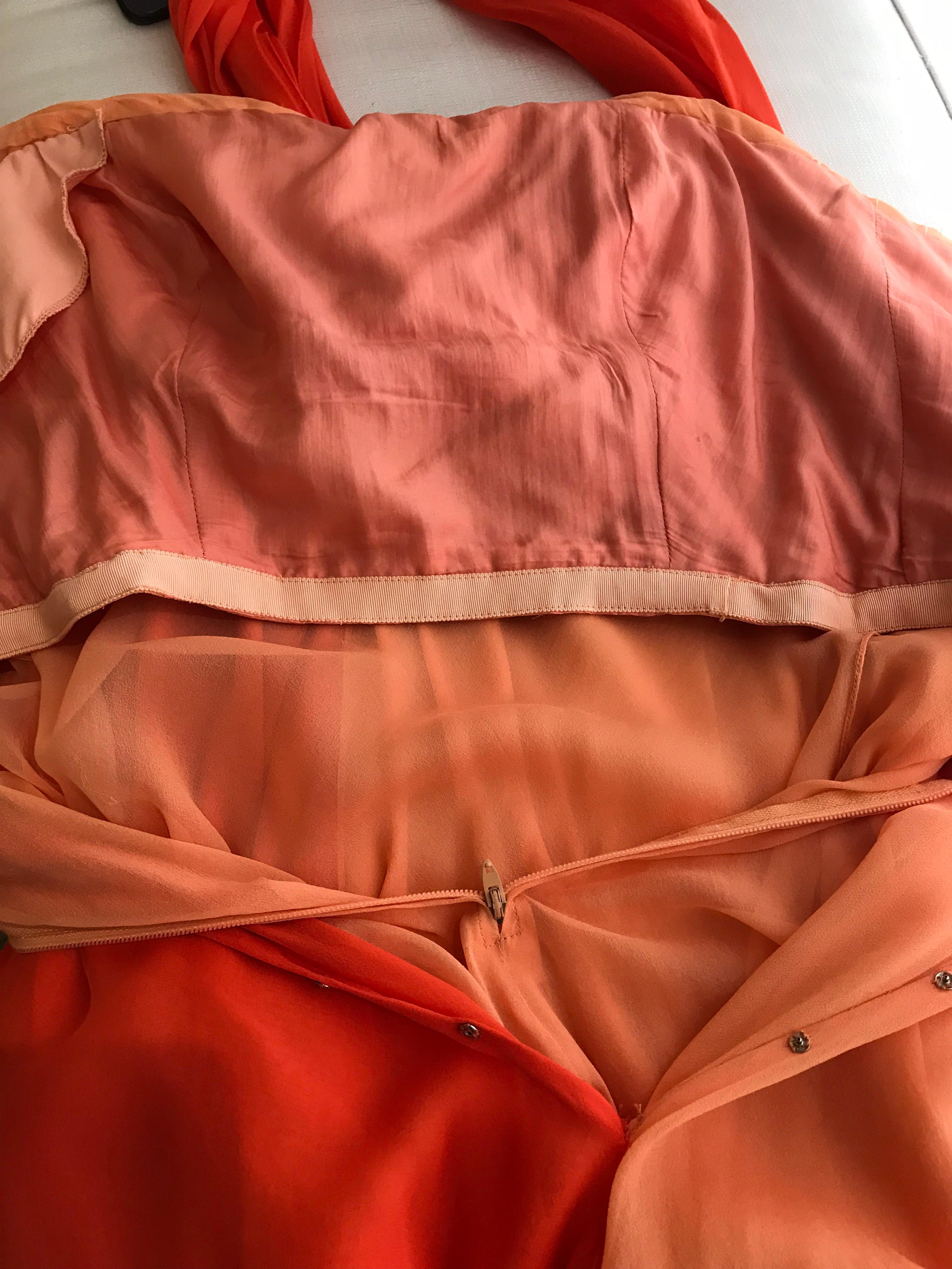 1990s Bill Blass Tangerine Orange Silk Chiffon Strapless Dress with Shawl 3