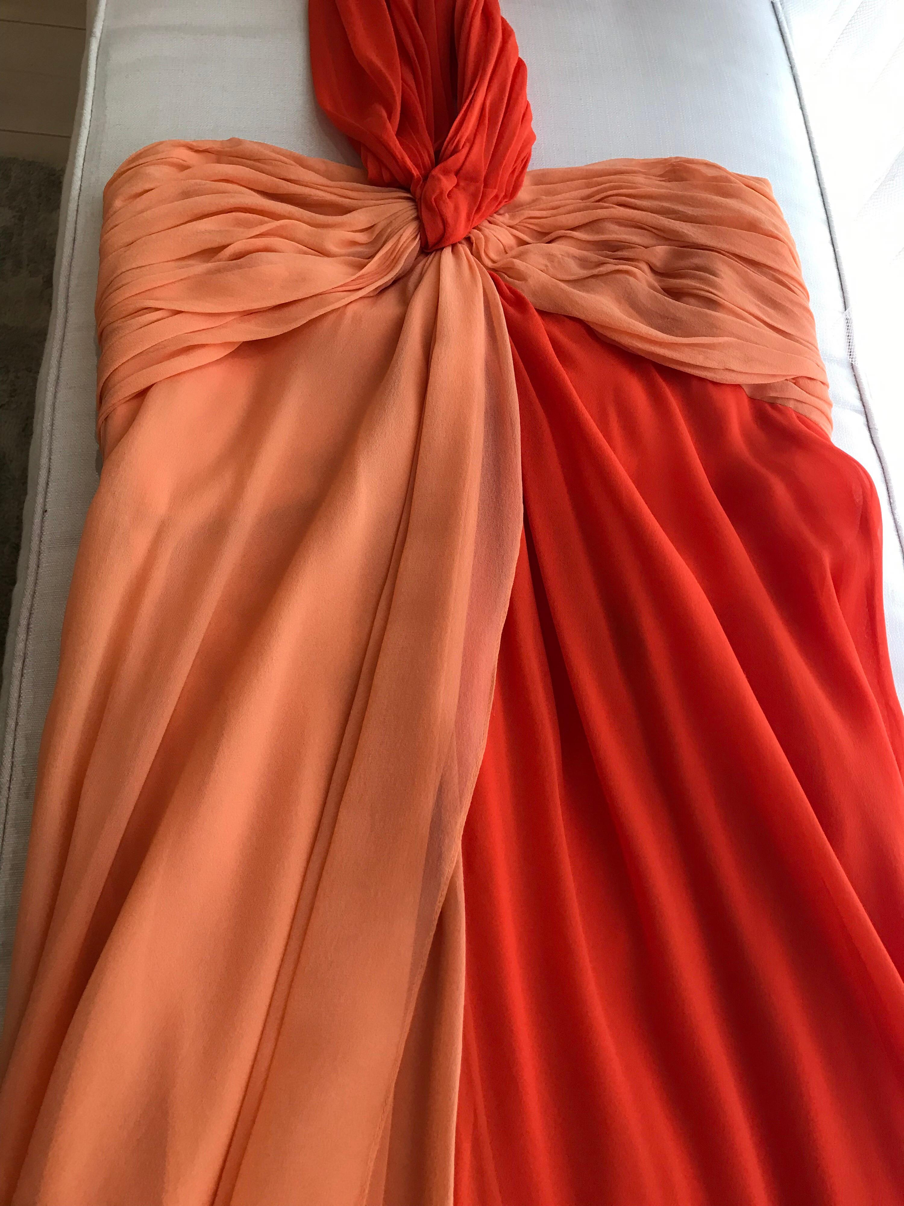 Women's 1990s Bill Blass Tangerine Orange Silk Chiffon Strapless Dress with Shawl